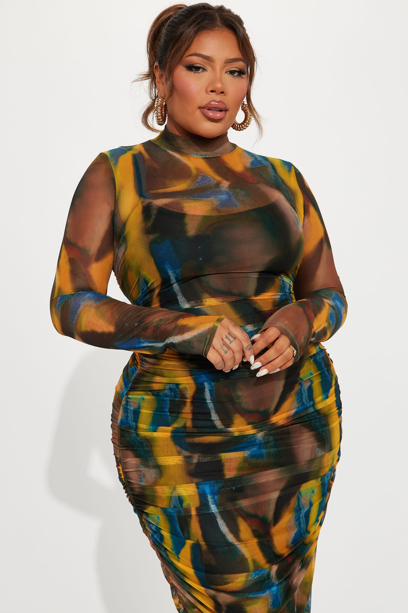 Anais Mesh Midi Dress - Mustard/combo - Image 5