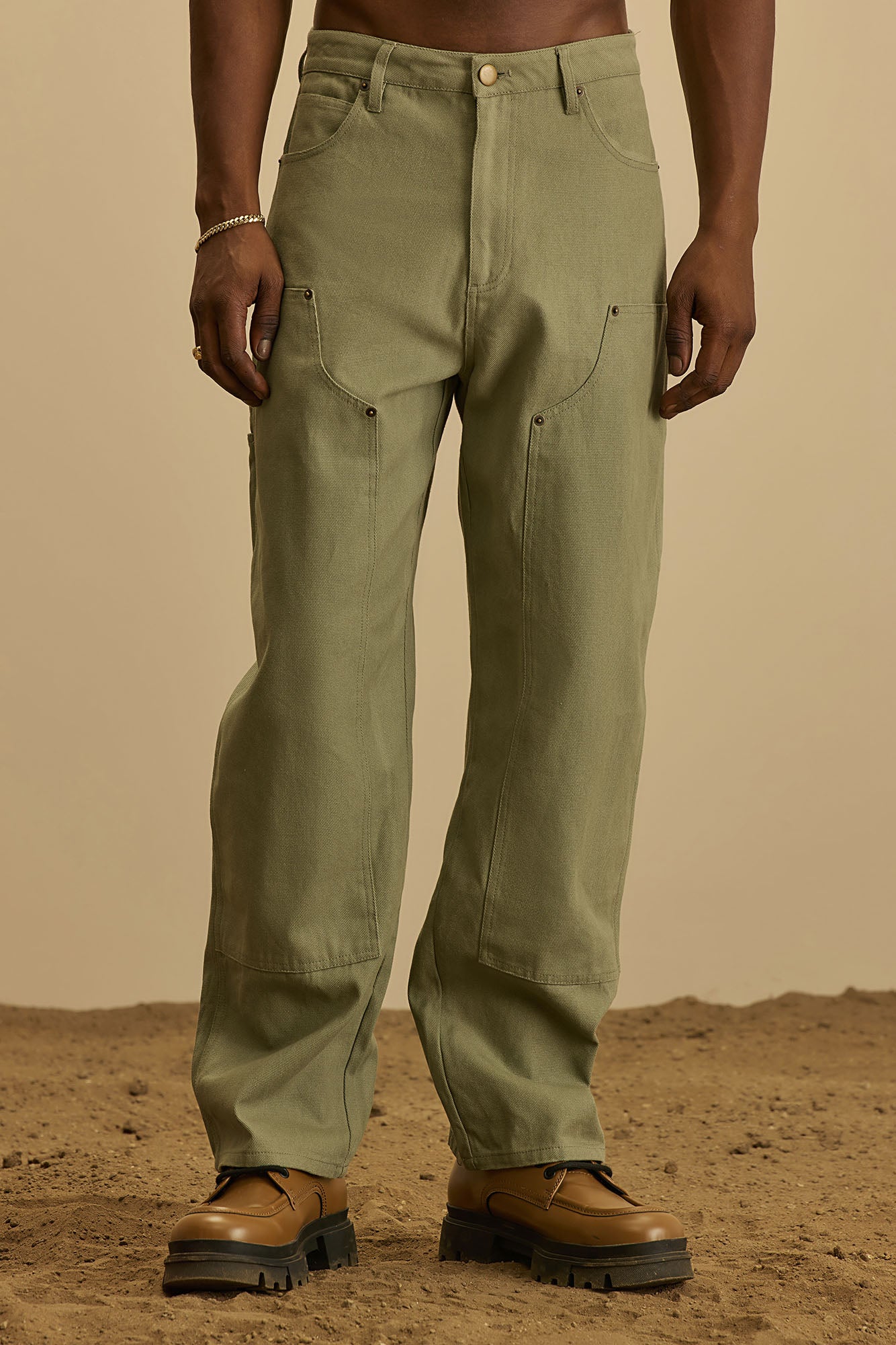 Alexander Double Knee Straight Utility Canvas Pants - Olive - Image 3