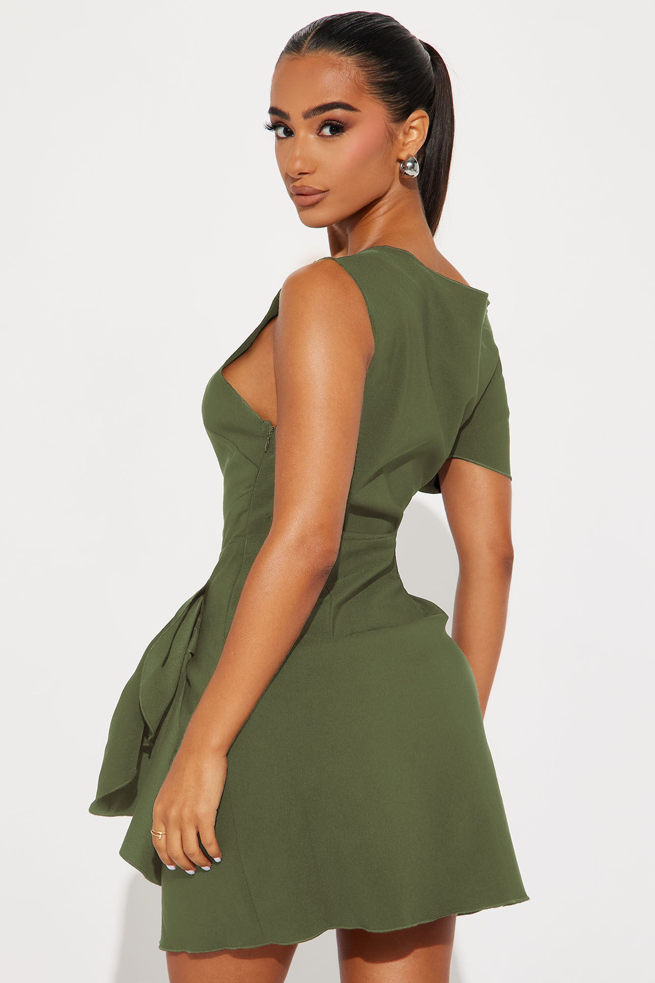 Feel The Vibe Ruched Mini Dress - Olive - Image 3