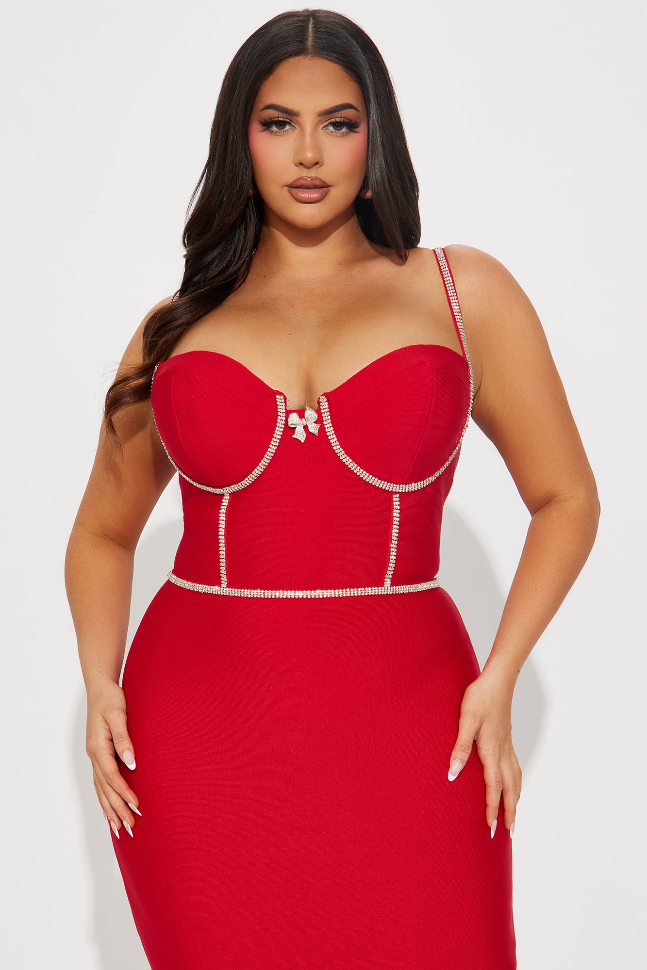 Lara Rhinestone Bandage Midi Dress - Red - Image 5