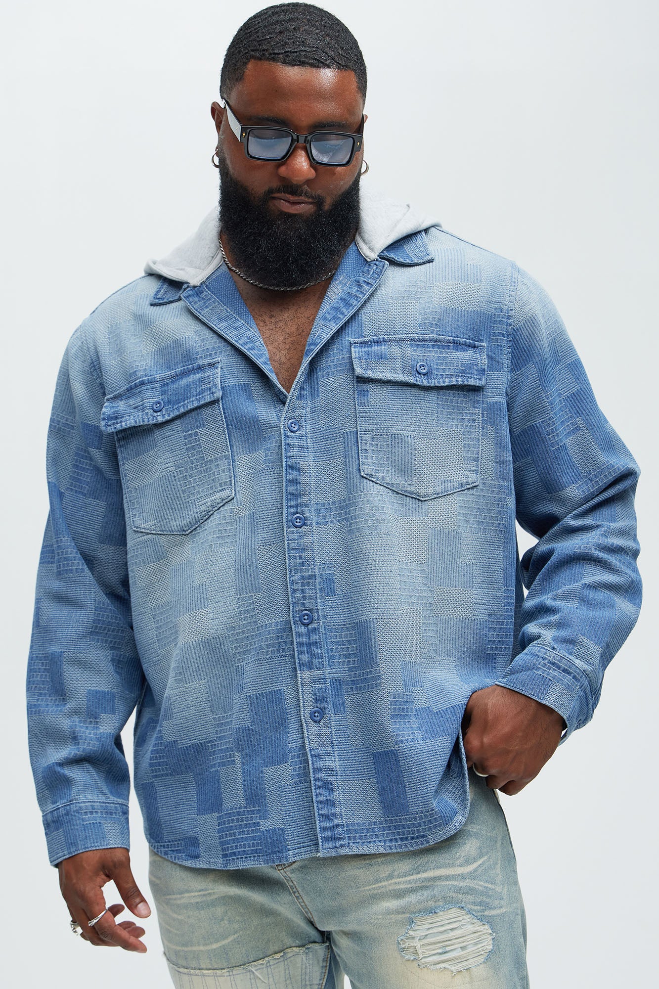 Burney Hooded Denim Shacket - Light Wash - Image 5