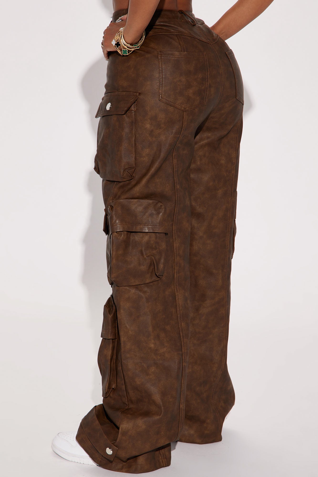 Weekend Warrior Washed Faux Leather Cargo Pant - Brown - Image 3