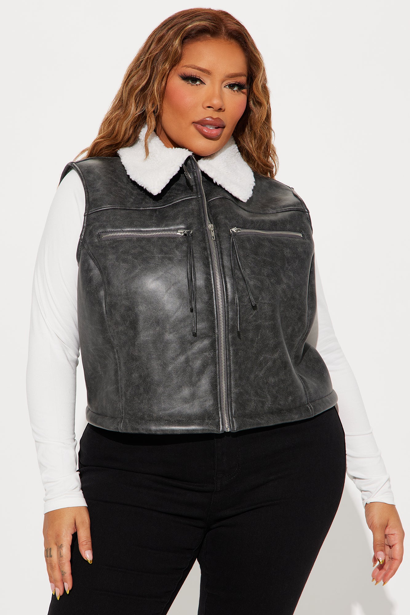 Bailey Washed Faux Leather Vest - Grey - Image 5