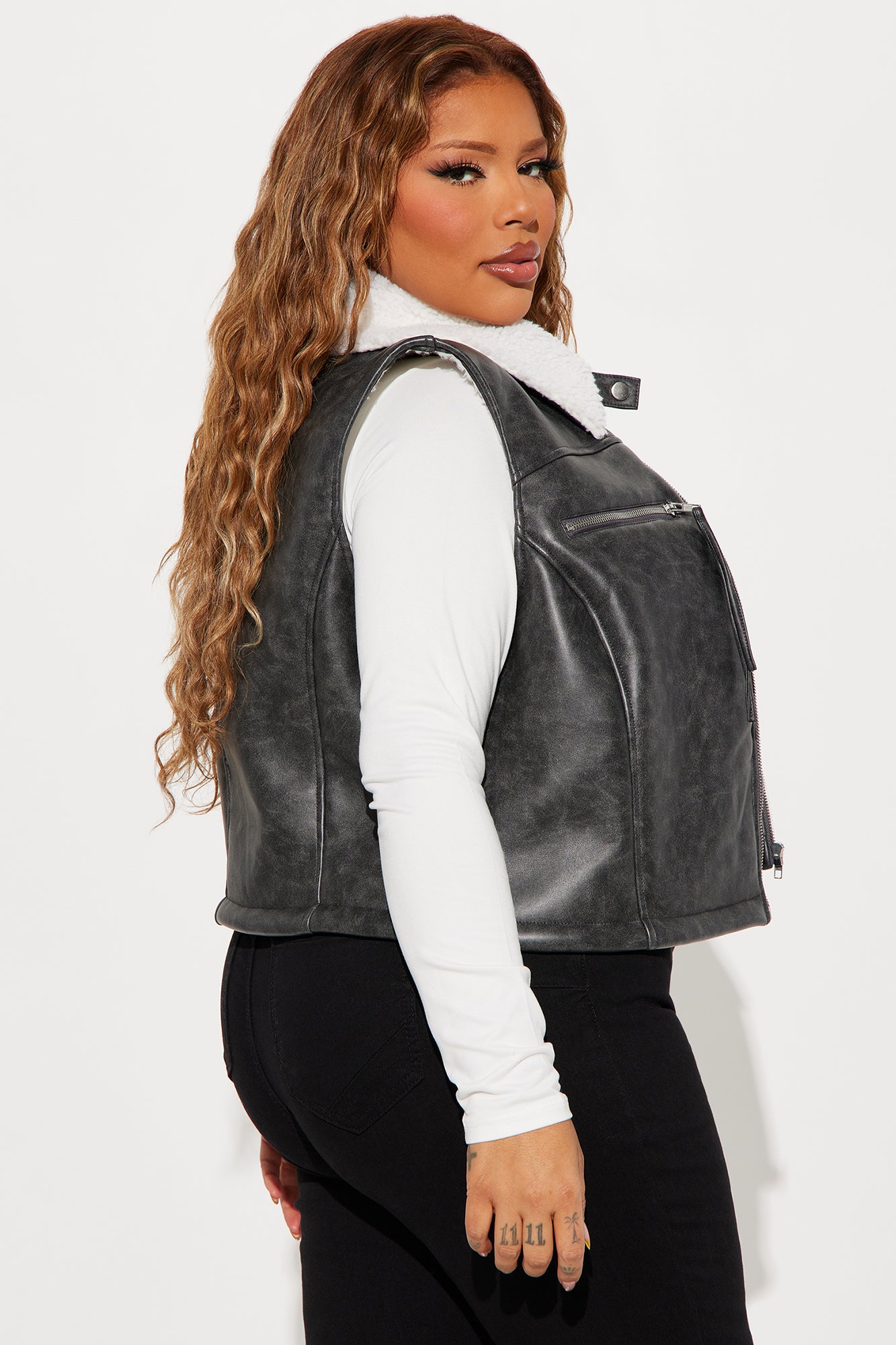 Bailey Washed Faux Leather Vest - Grey - Image 7