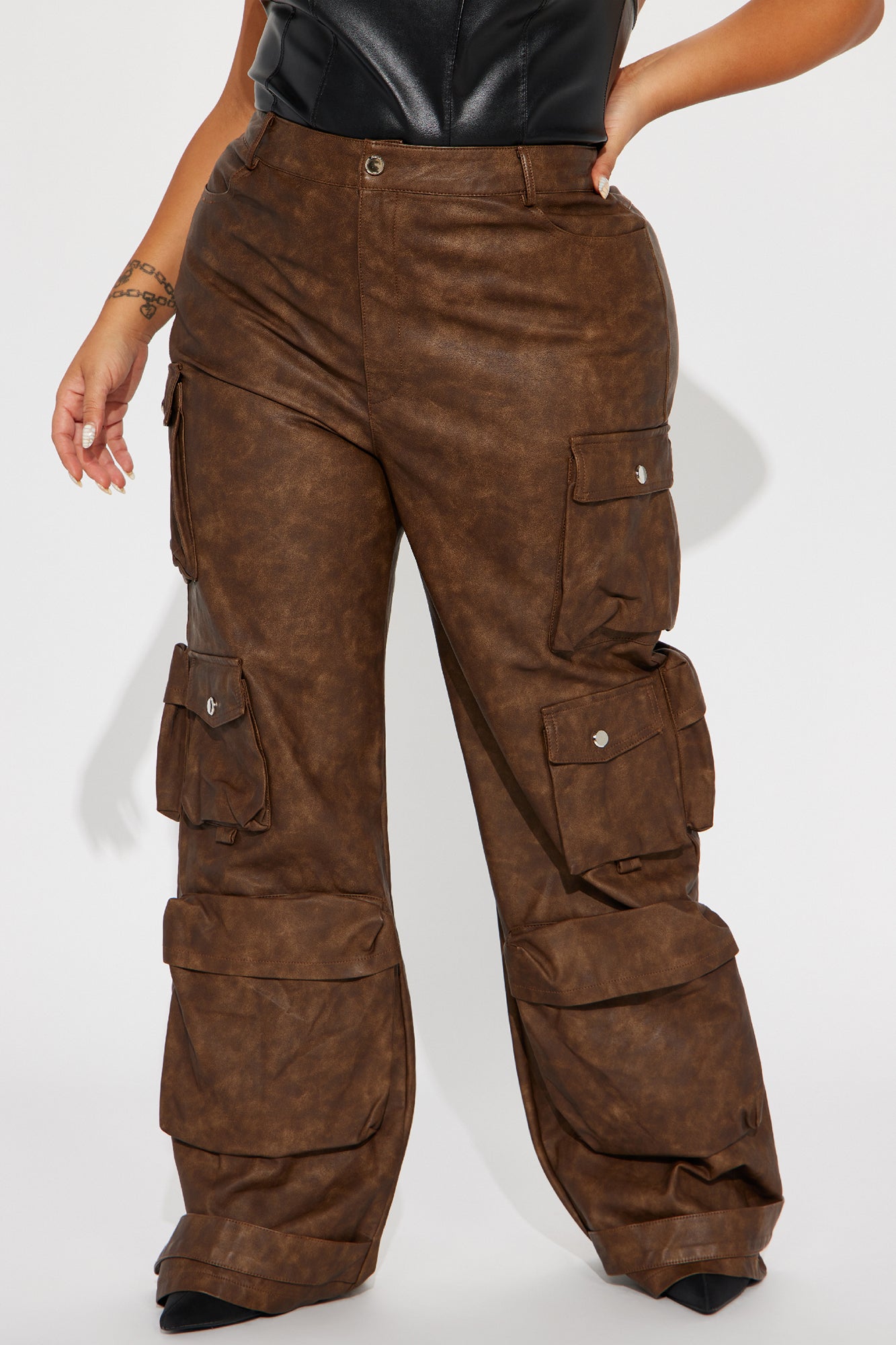 Weekend Warrior Washed Faux Leather Cargo Pant - Brown - Image 7