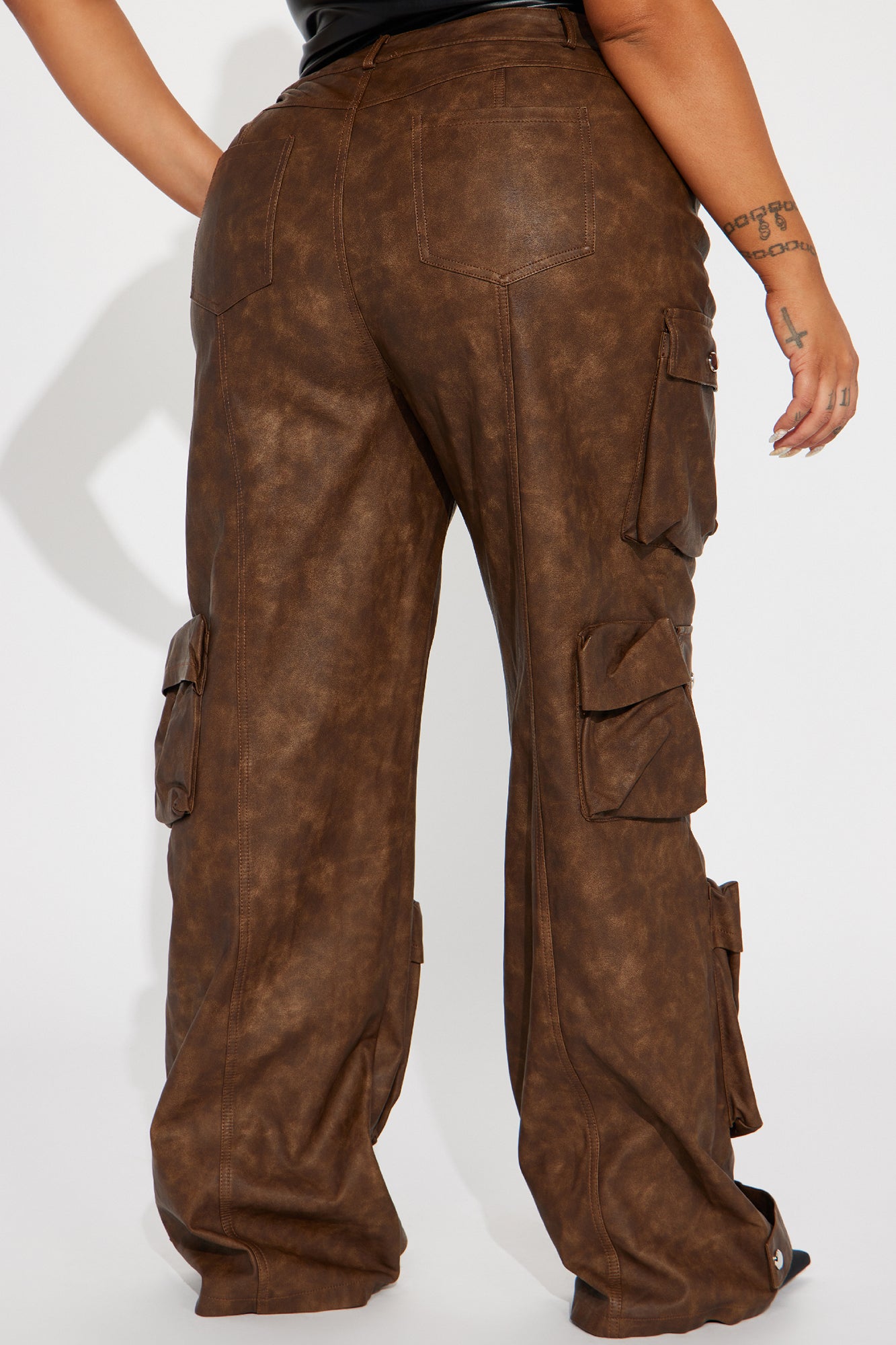 Weekend Warrior Washed Faux Leather Cargo Pant - Brown - Image 8