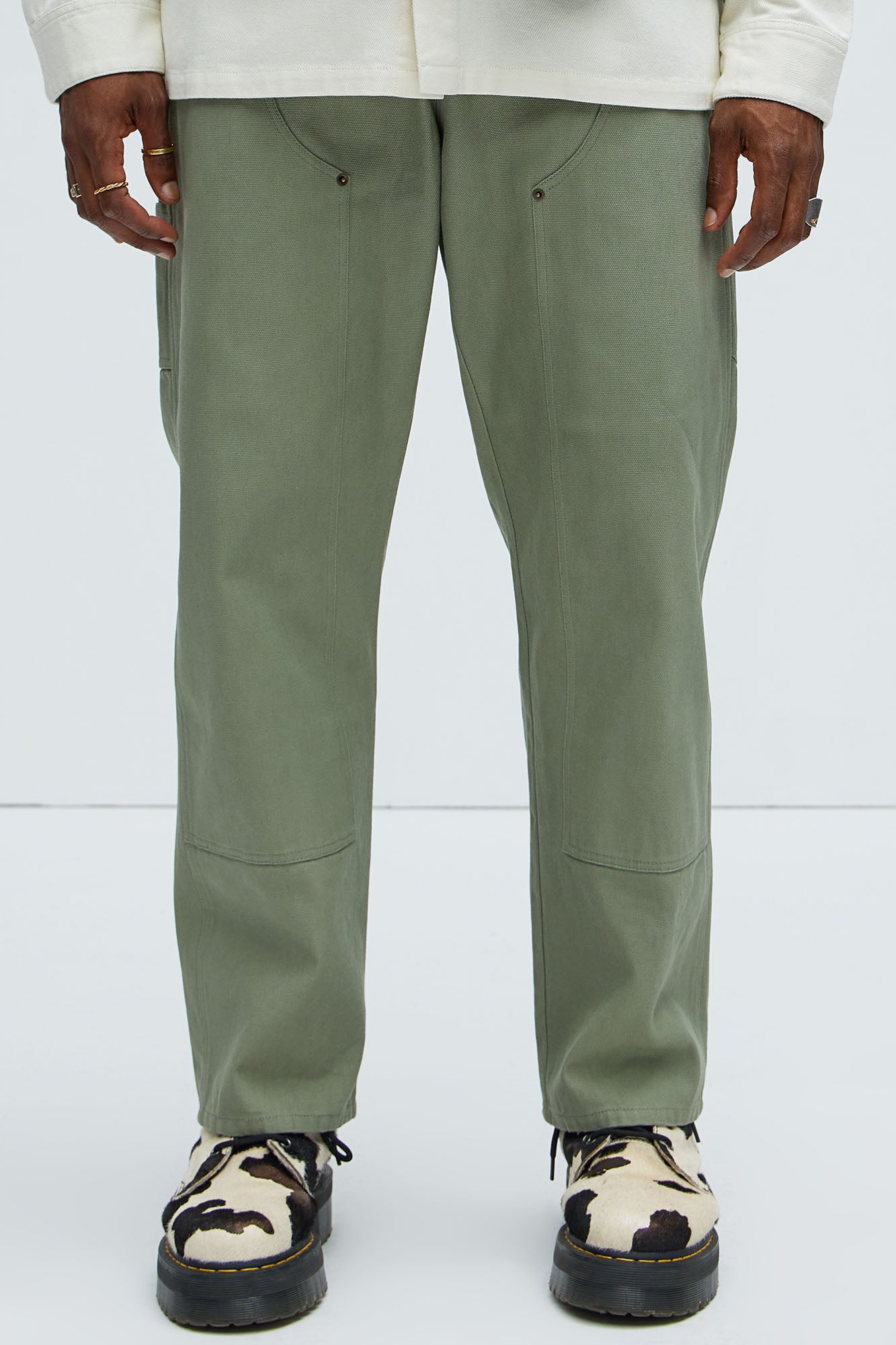 Alexander Double Knee Straight Utility Canvas Pants - Olive - Image 5