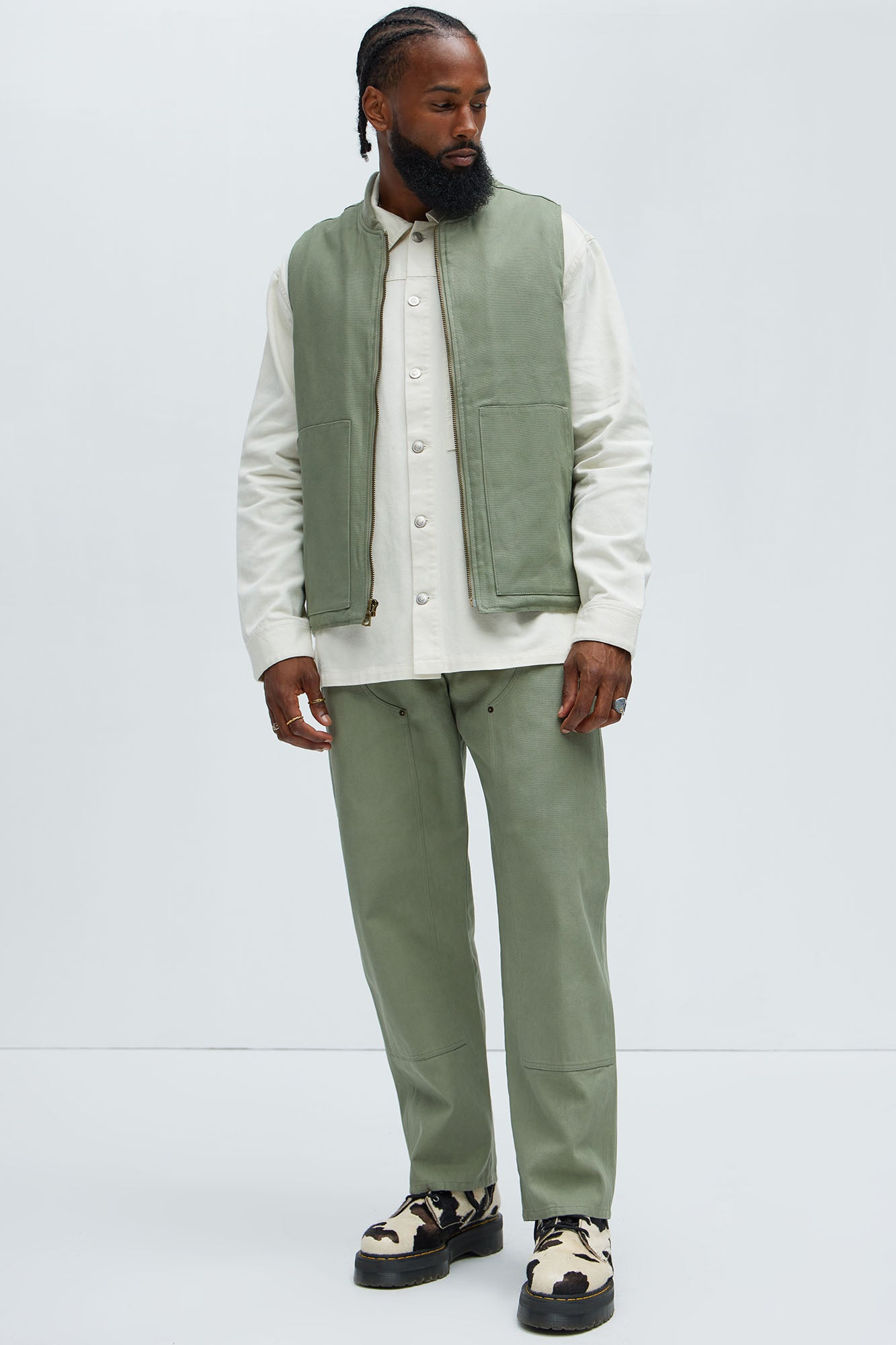 Alexander Double Knee Straight Utility Canvas Pants - Olive - Image 6
