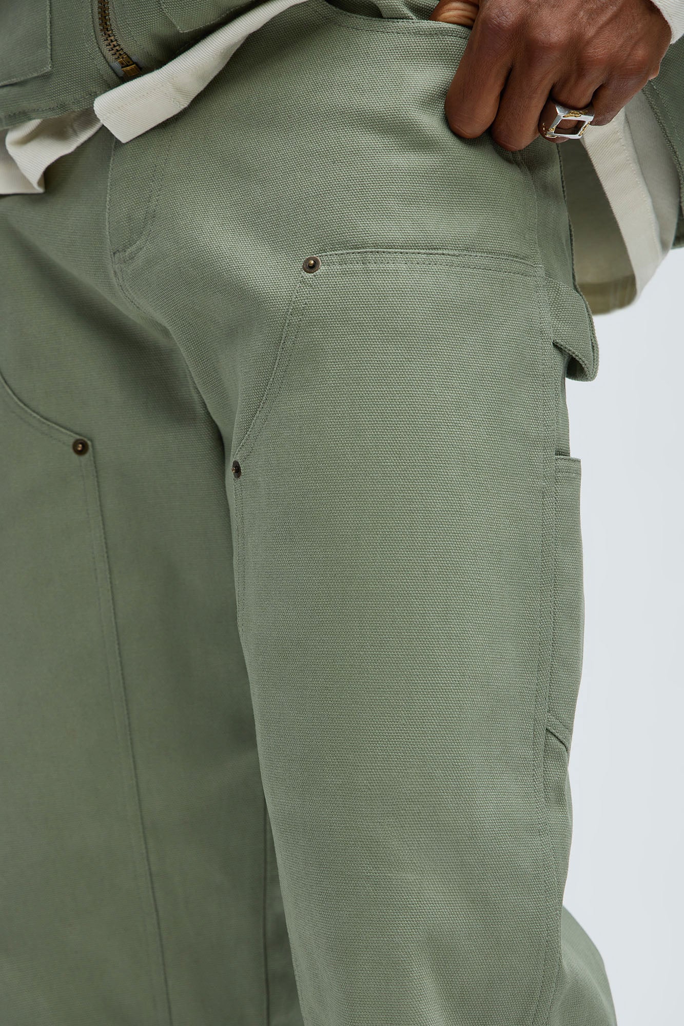 Alexander Double Knee Straight Utility Canvas Pants - Olive - Image 7
