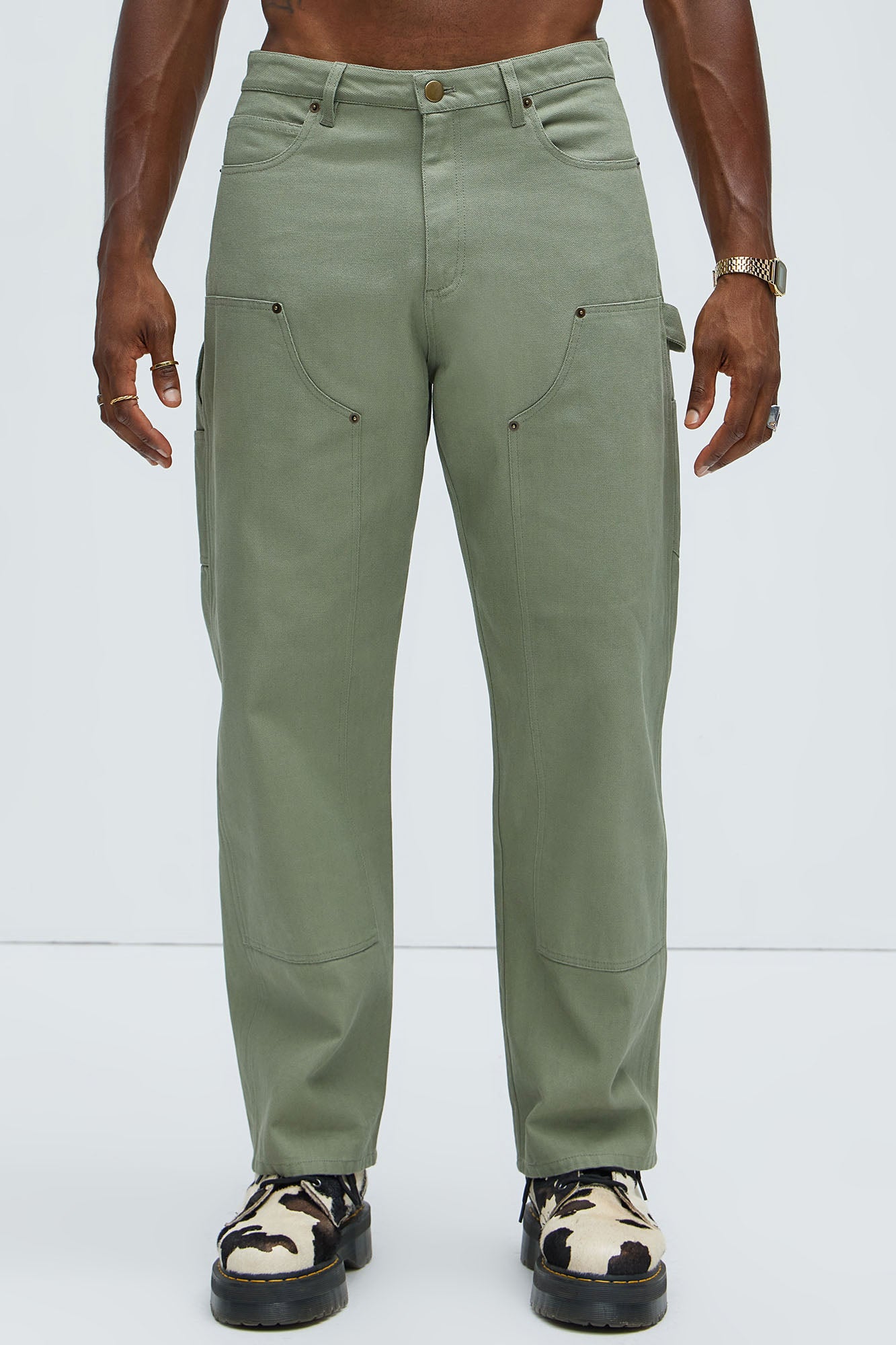 Alexander Double Knee Straight Utility Canvas Pants - Olive - Image 8