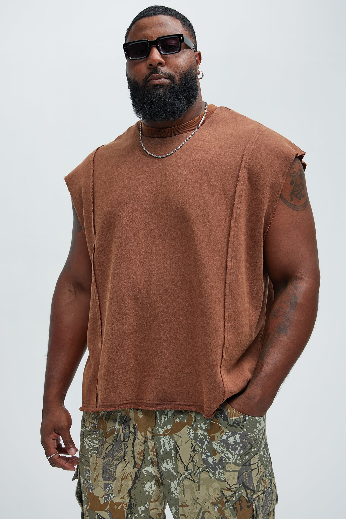 Greaser Paneled Fleece Muscle Tee - Brown - Image 5