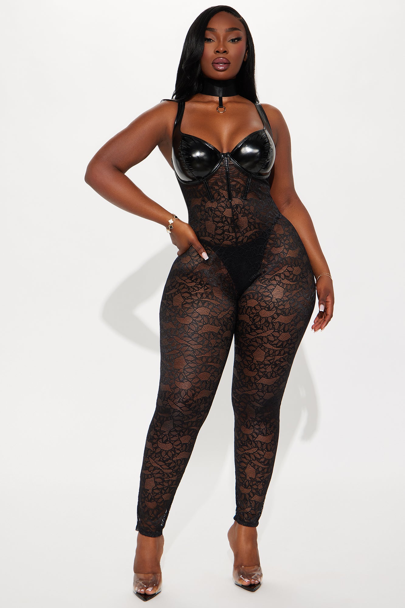 In Control Vinyl Lace Jumpsuit Bodystocking - Black - Image 4