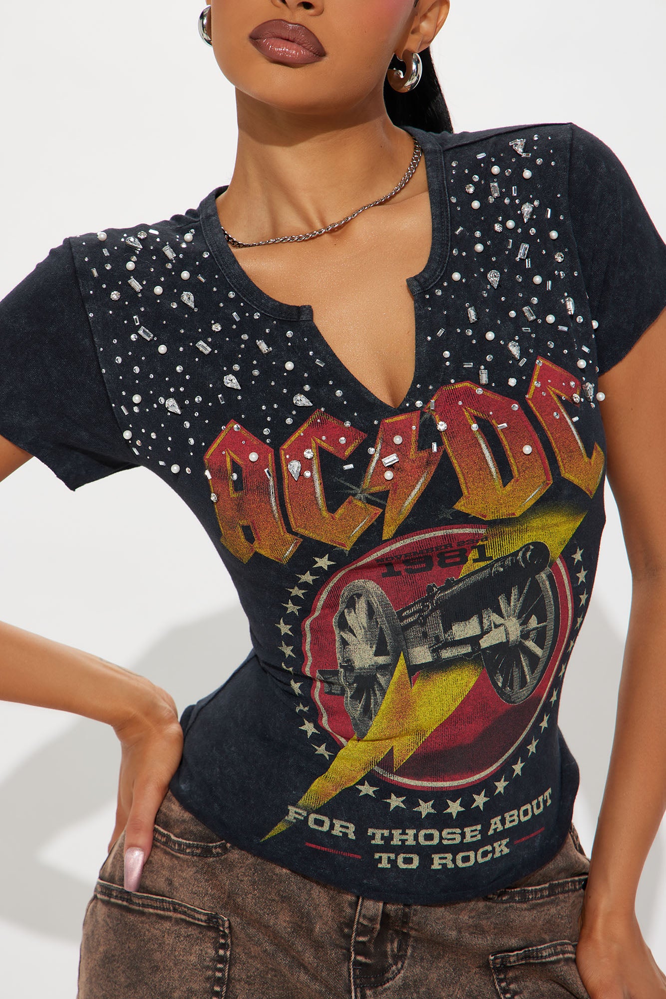 ACDC Rock On Rhinestone Tee - Charcoal - Image 3