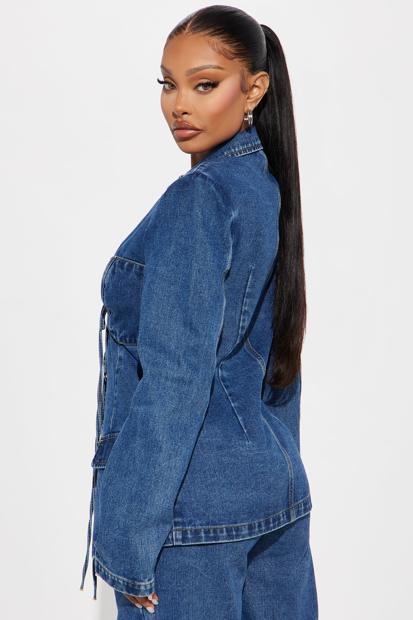 So Inspired Tie Front Denim Blazer Jacket - Medium Wash - Image 3