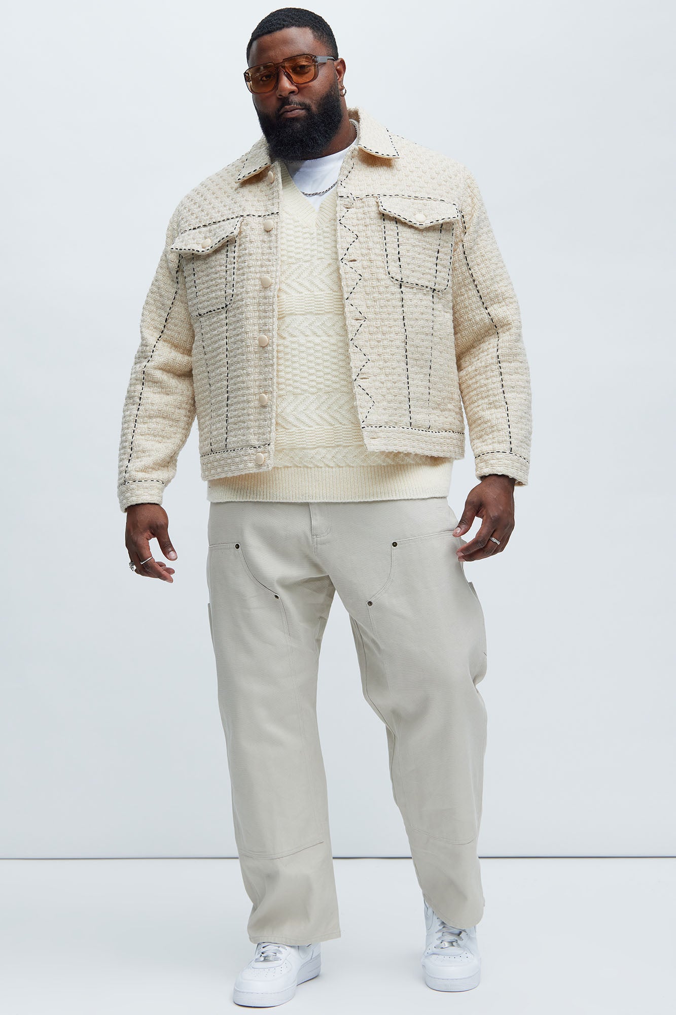 Beverly Tweed Contrasting Stitch Trucker Jacket - Cream - Image 6