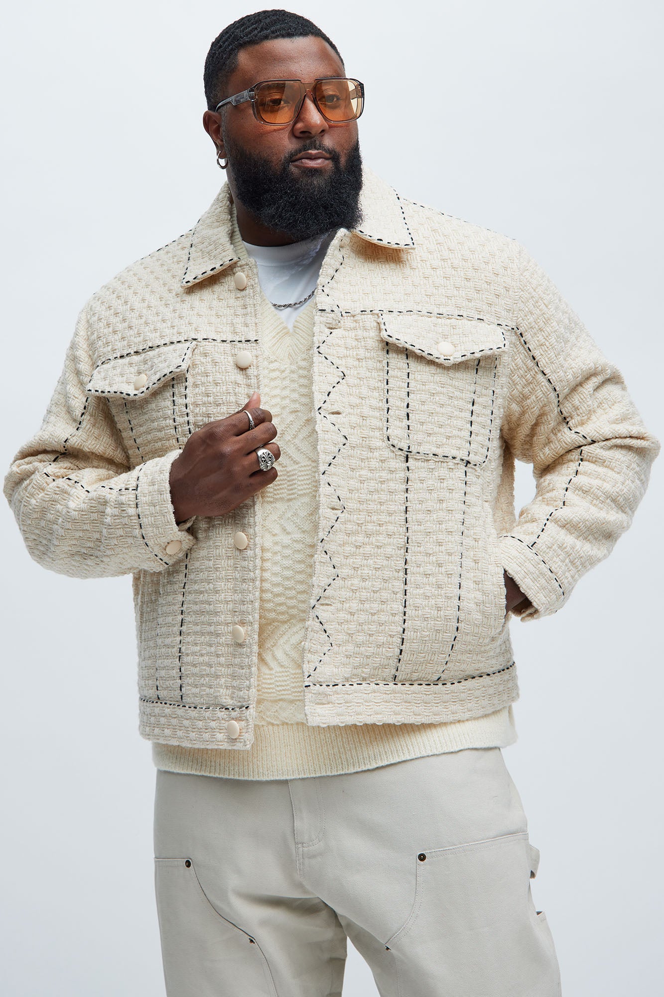 Beverly Tweed Contrasting Stitch Trucker Jacket - Cream - Image 5