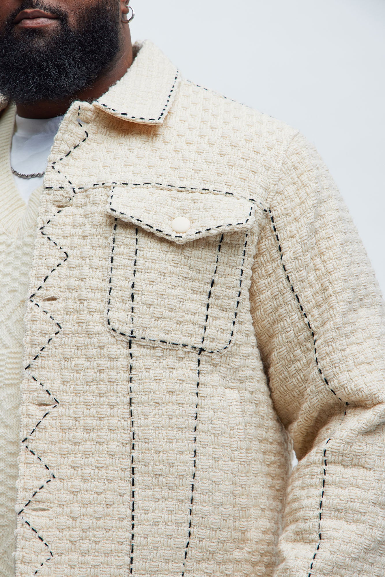 Beverly Tweed Contrasting Stitch Trucker Jacket - Cream - Image 7