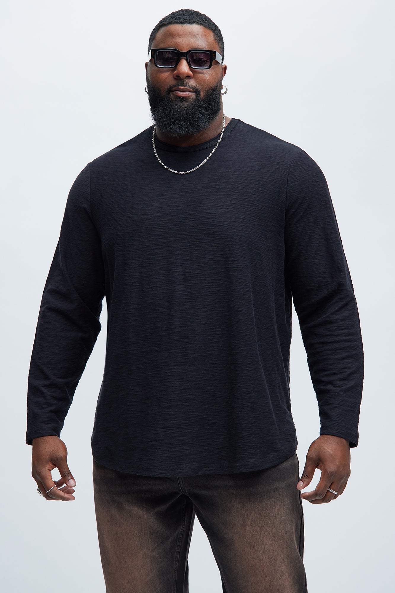 Asher Slub Texture Scallop Long Sleeve Tee - Black - Image 5