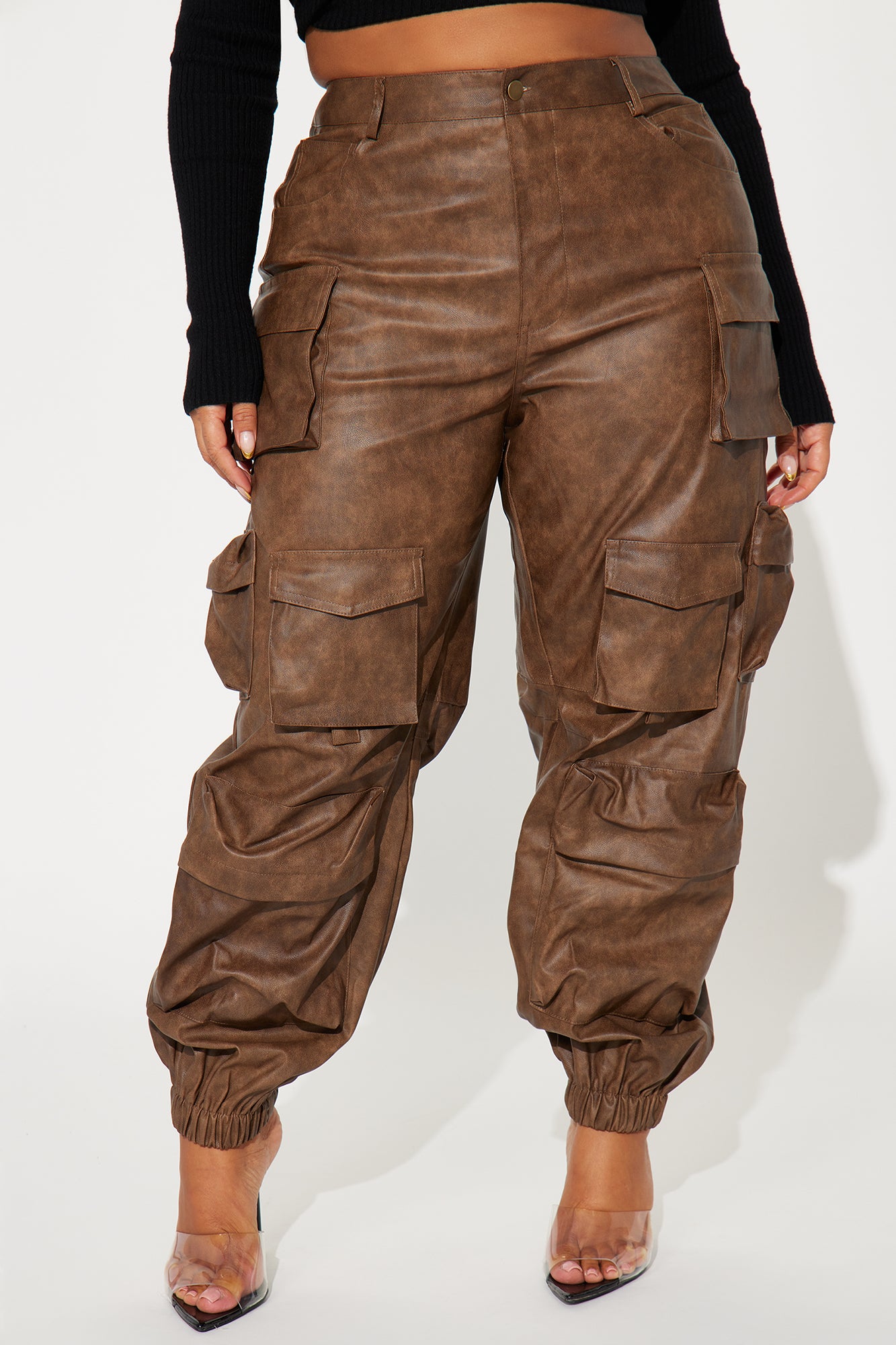 Weekend Warrior Washed Faux Leather Cargo Jogger - Brown - Image 6