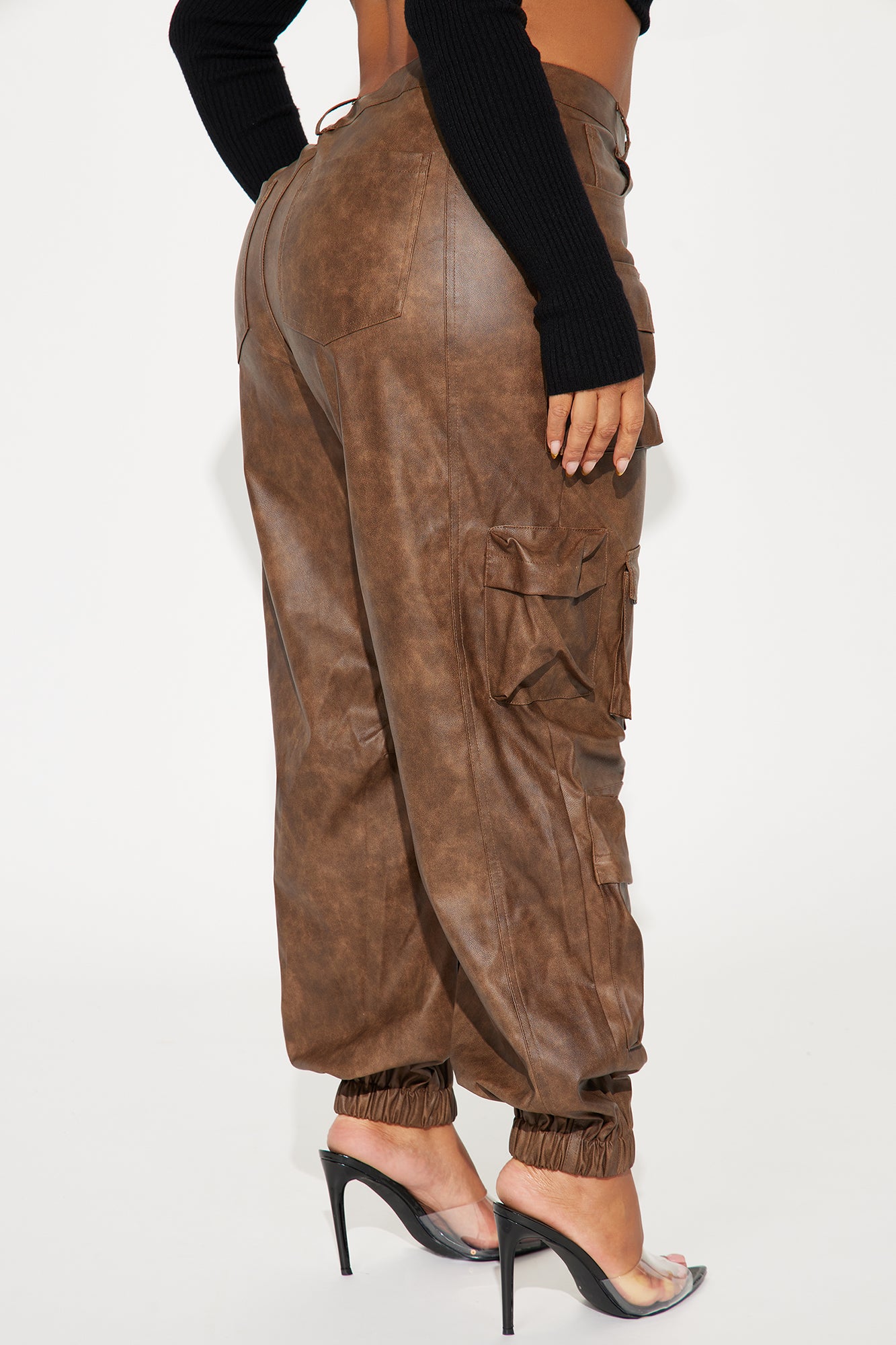 Weekend Warrior Washed Faux Leather Cargo Jogger - Brown - Image 7