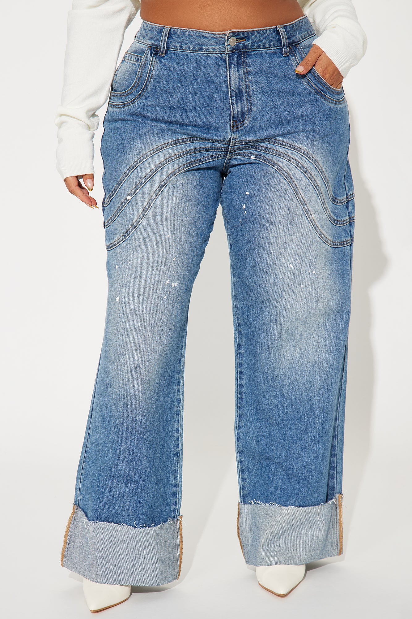 Feeling The Pressure Cuffed Straight Leg Jeans - Medium Wash - Image 5