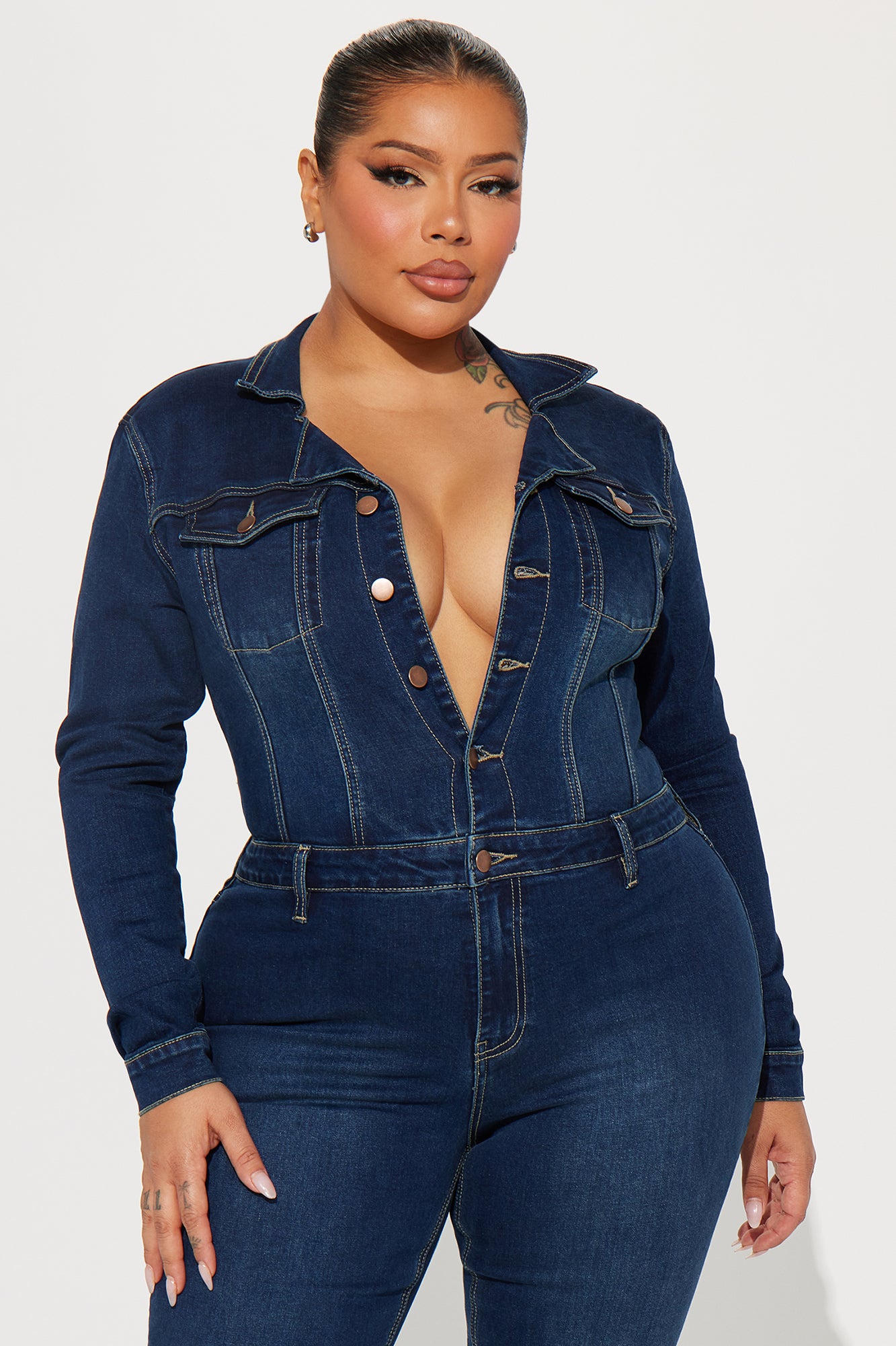 Day Dreaming Long Sleeve Denim Jumpsuit - Dark Denim - Image 6