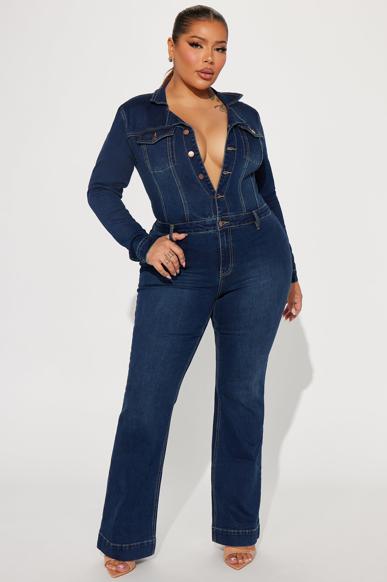 Day Dreaming Long Sleeve Denim Jumpsuit - Dark Denim - Image 5