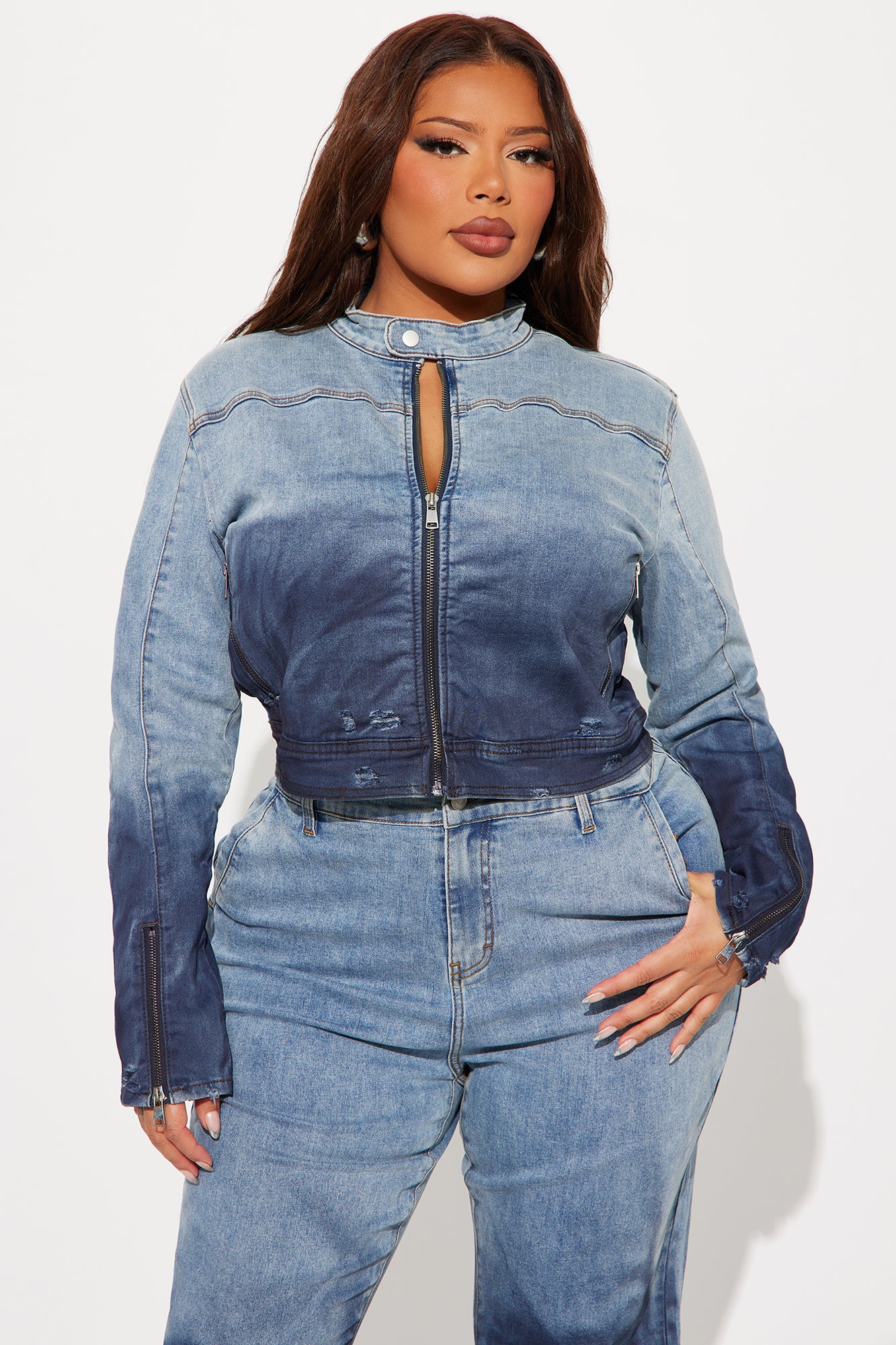 Out Of Reach Ombre Moto Denim Jacket - Medium Wash - Image 7