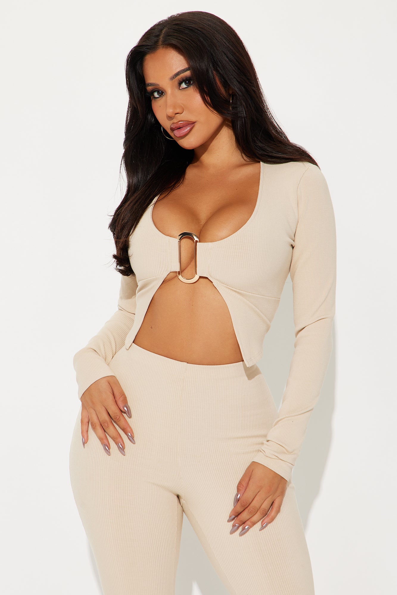 Jazmine Long Sleeve Snatched Capri Pant Set - Cream - Image 3