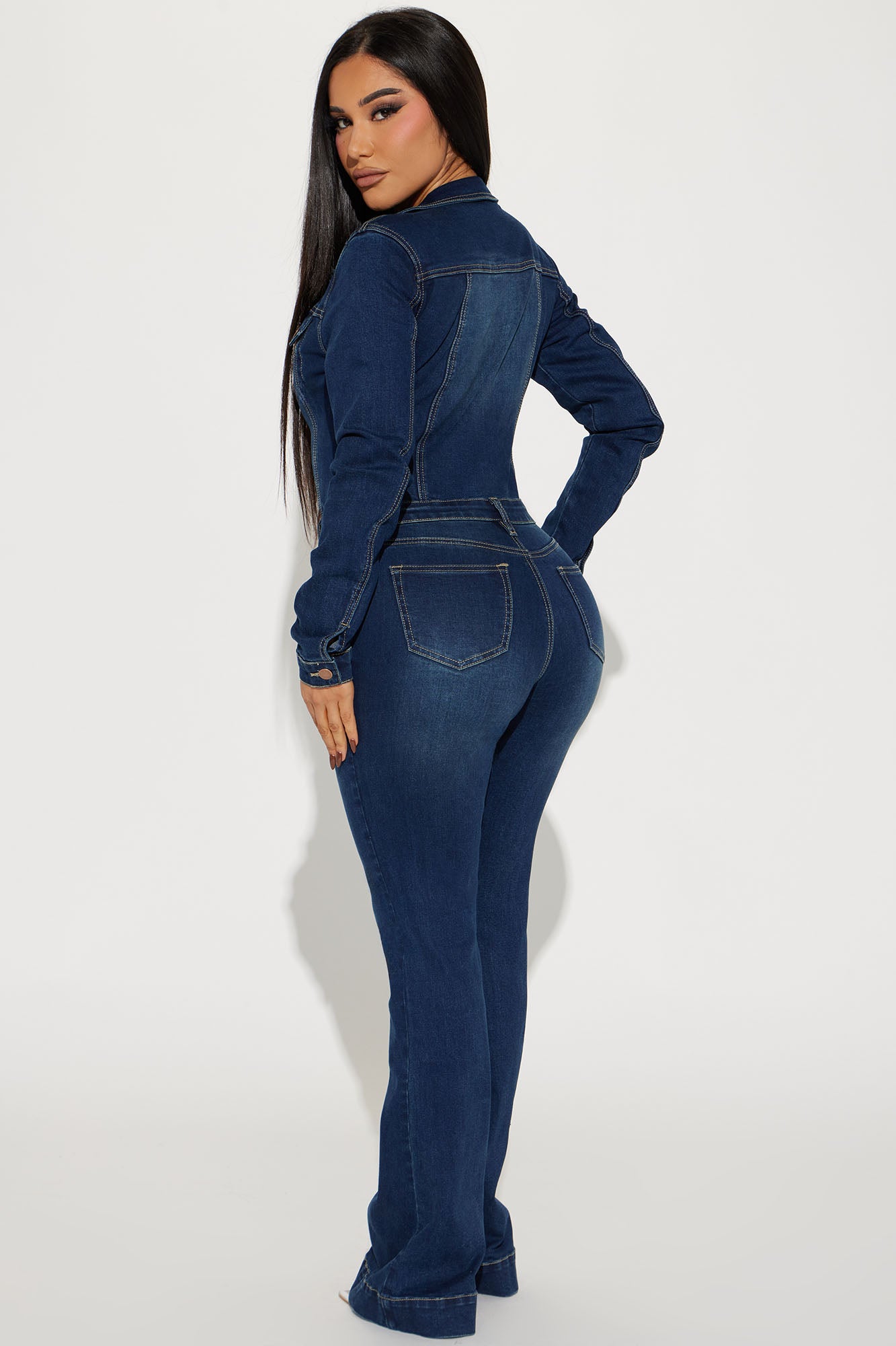 Day Dreaming Long Sleeve Denim Jumpsuit - Dark Denim - Image 3