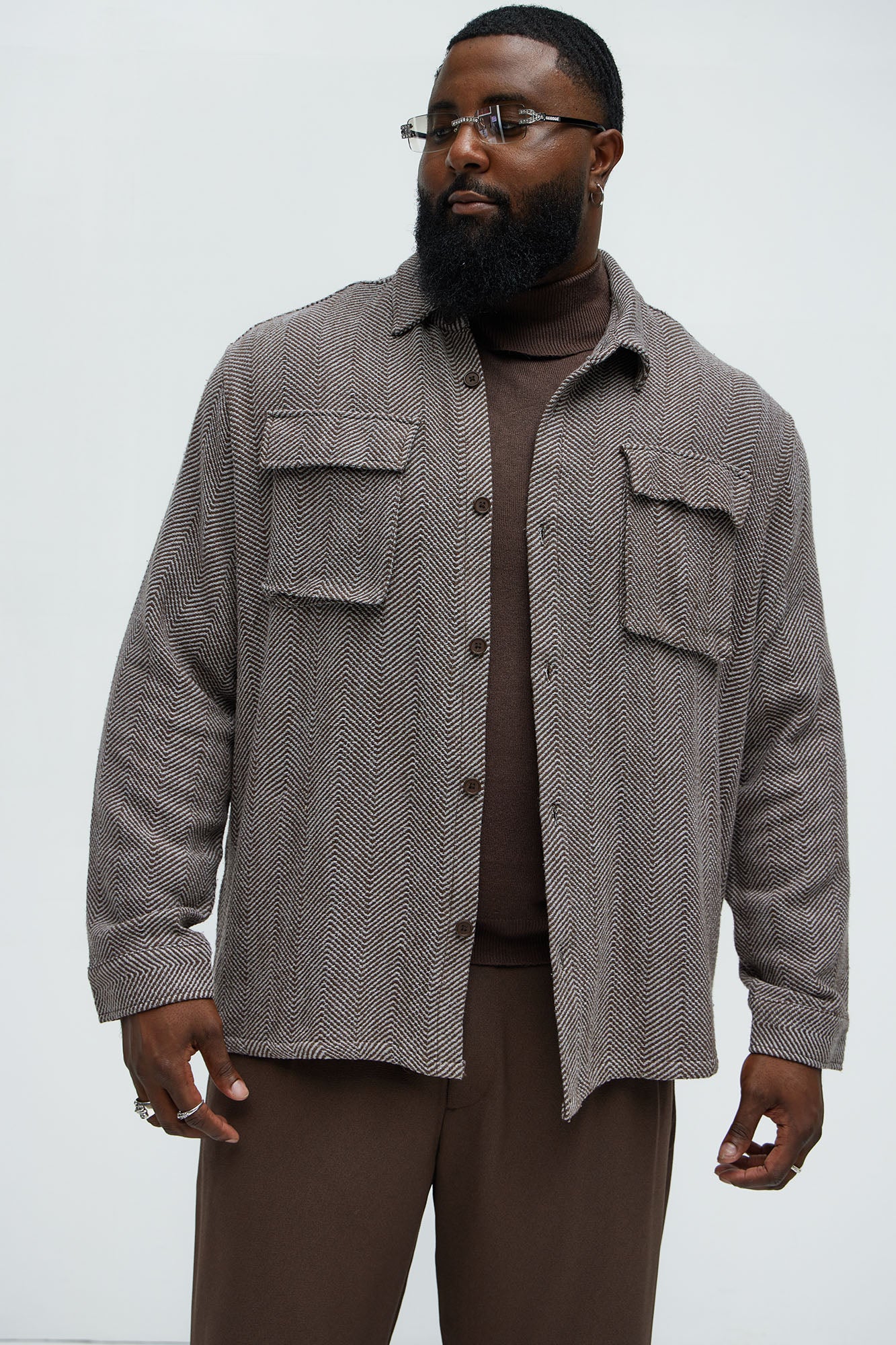 Keystone Herringbone Button Up Shirt - Brown Combo - Image 6
