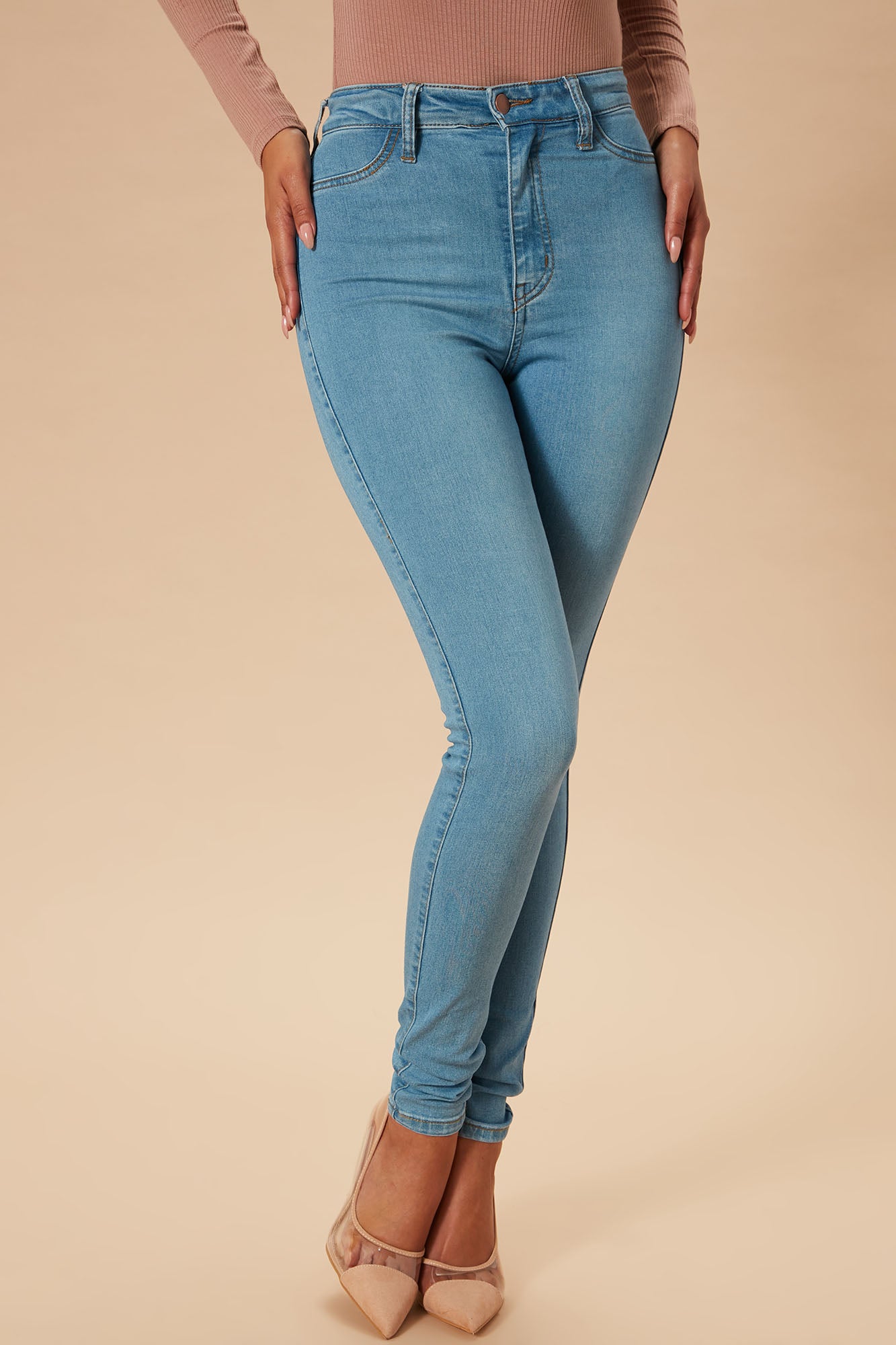 Classic High Waist Skinny Jeans - Light Blue Wash - Image 3