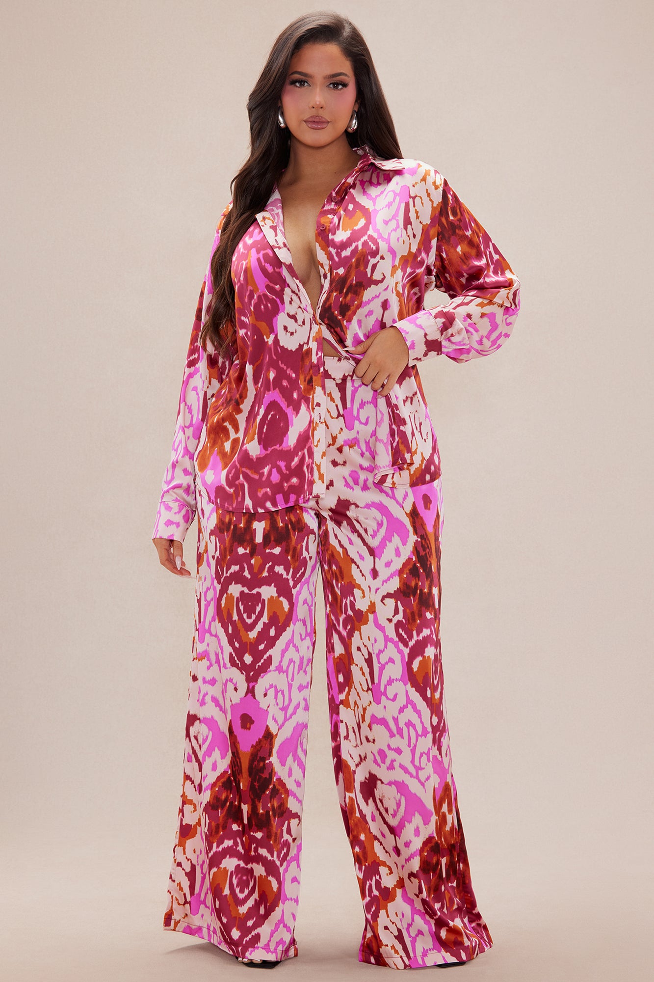Kristine Satin Wide Leg Pant Set - Fuchsia/combo - Image 5