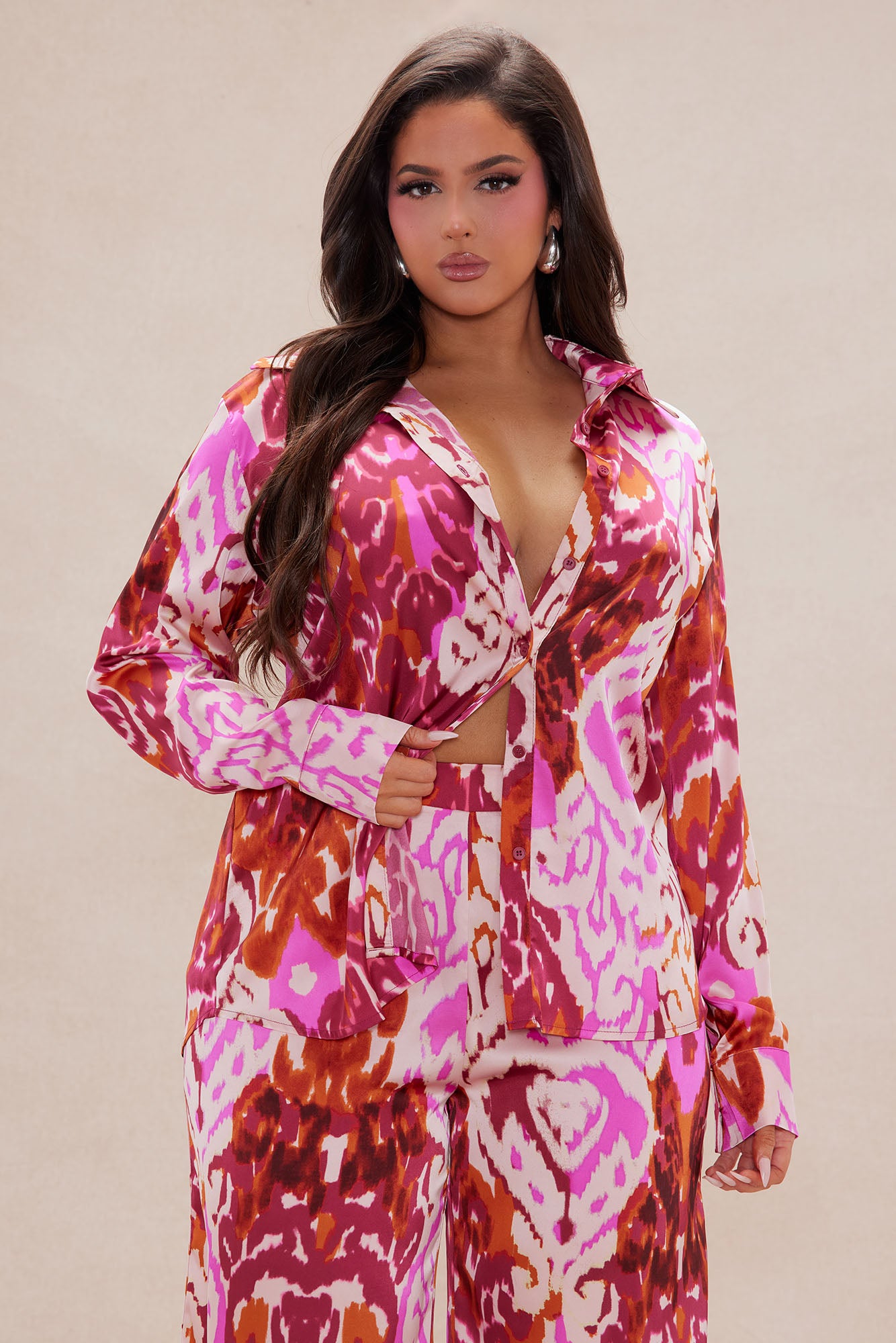 Kristine Satin Wide Leg Pant Set - Fuchsia/combo - Image 6