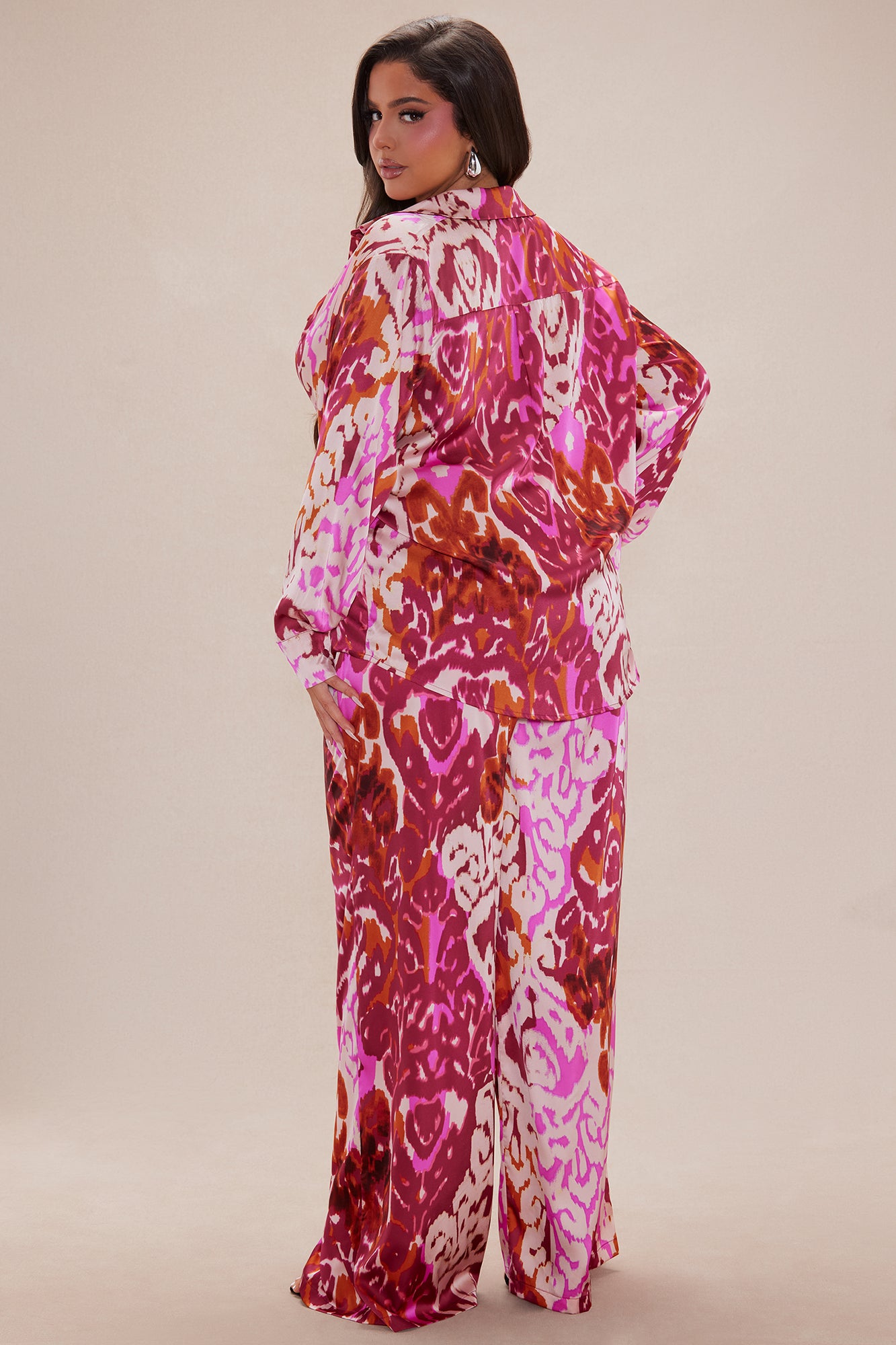 Kristine Satin Wide Leg Pant Set - Fuchsia/combo - Image 8