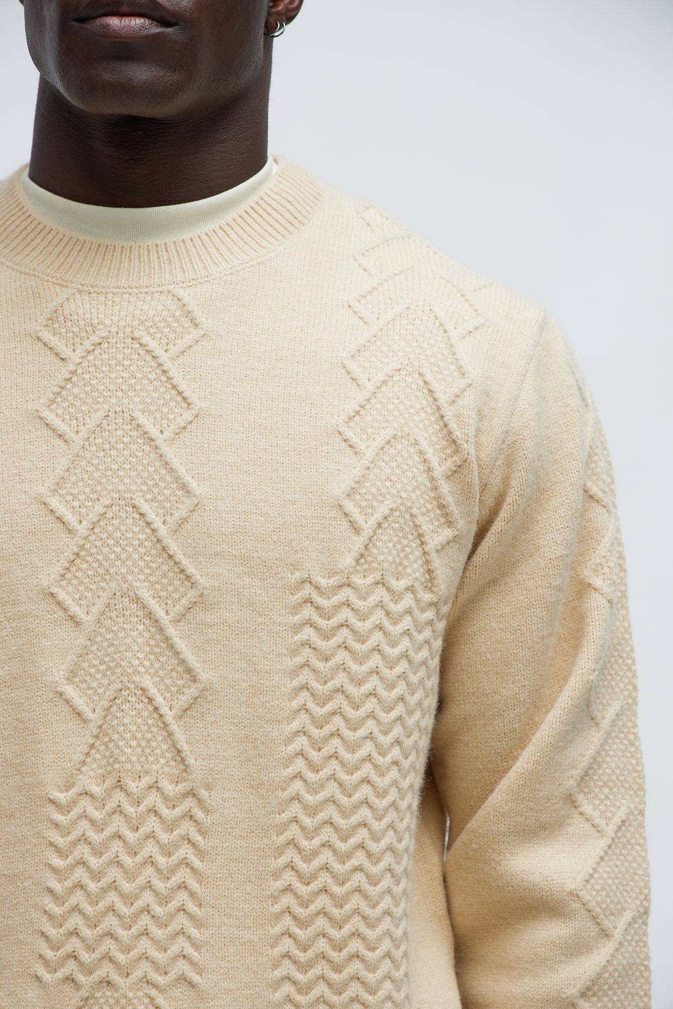 Argus Mixed Cable Knit Crewneck Sweater - Beige - Image 3