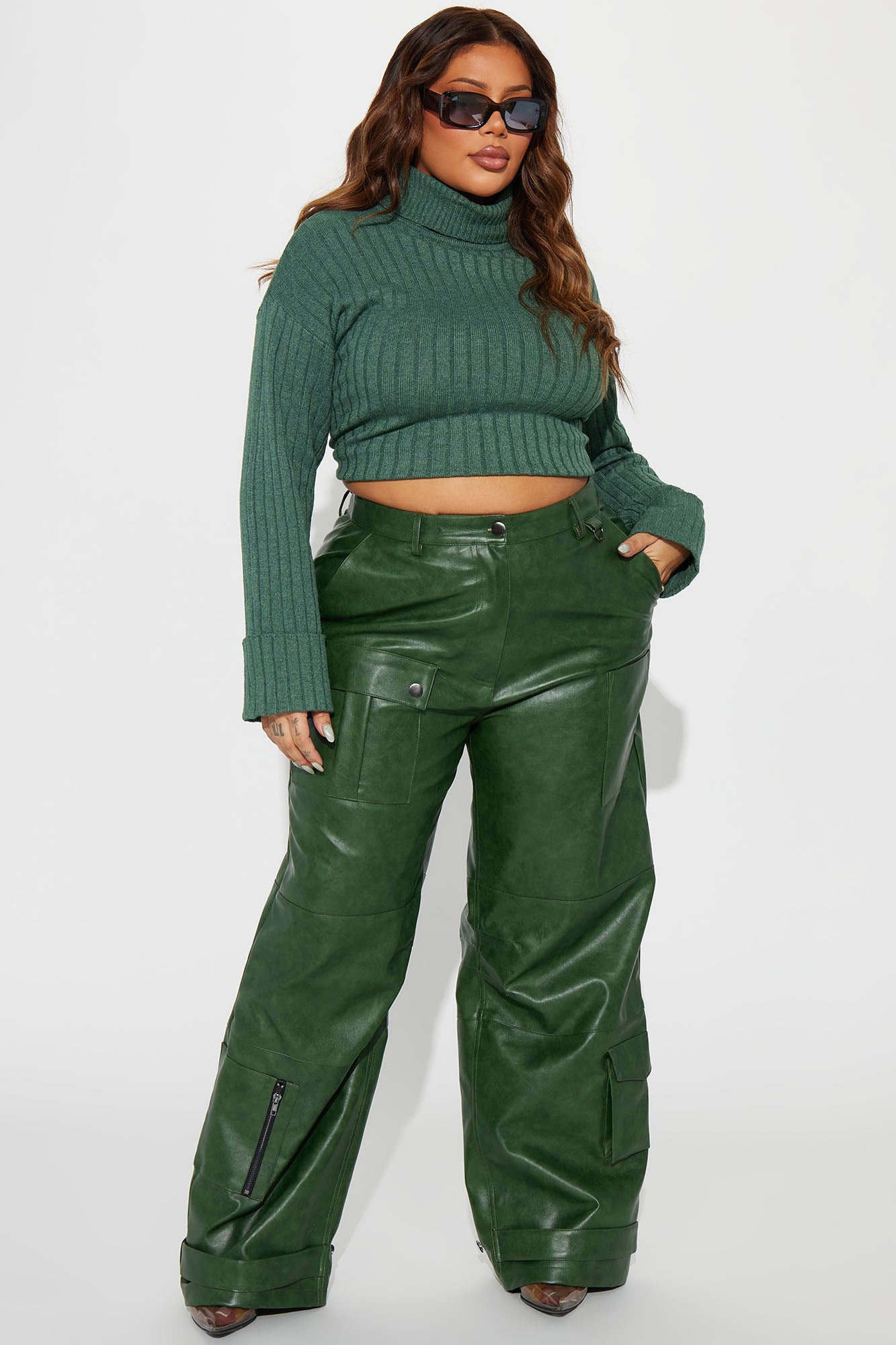 Aviva Washed Faux Leather Cargo Pant - Hunter - Image 4