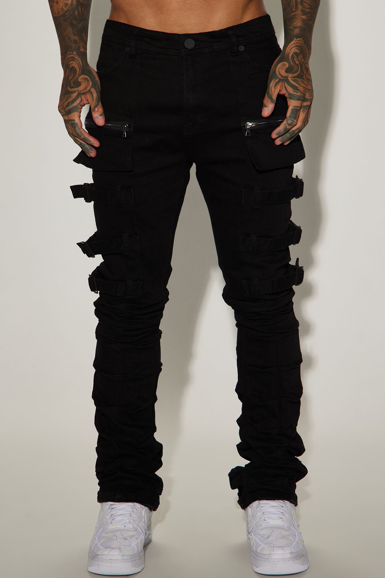 I Be Strappy Stacked Skinny Flare Jeans - Black - Image 4