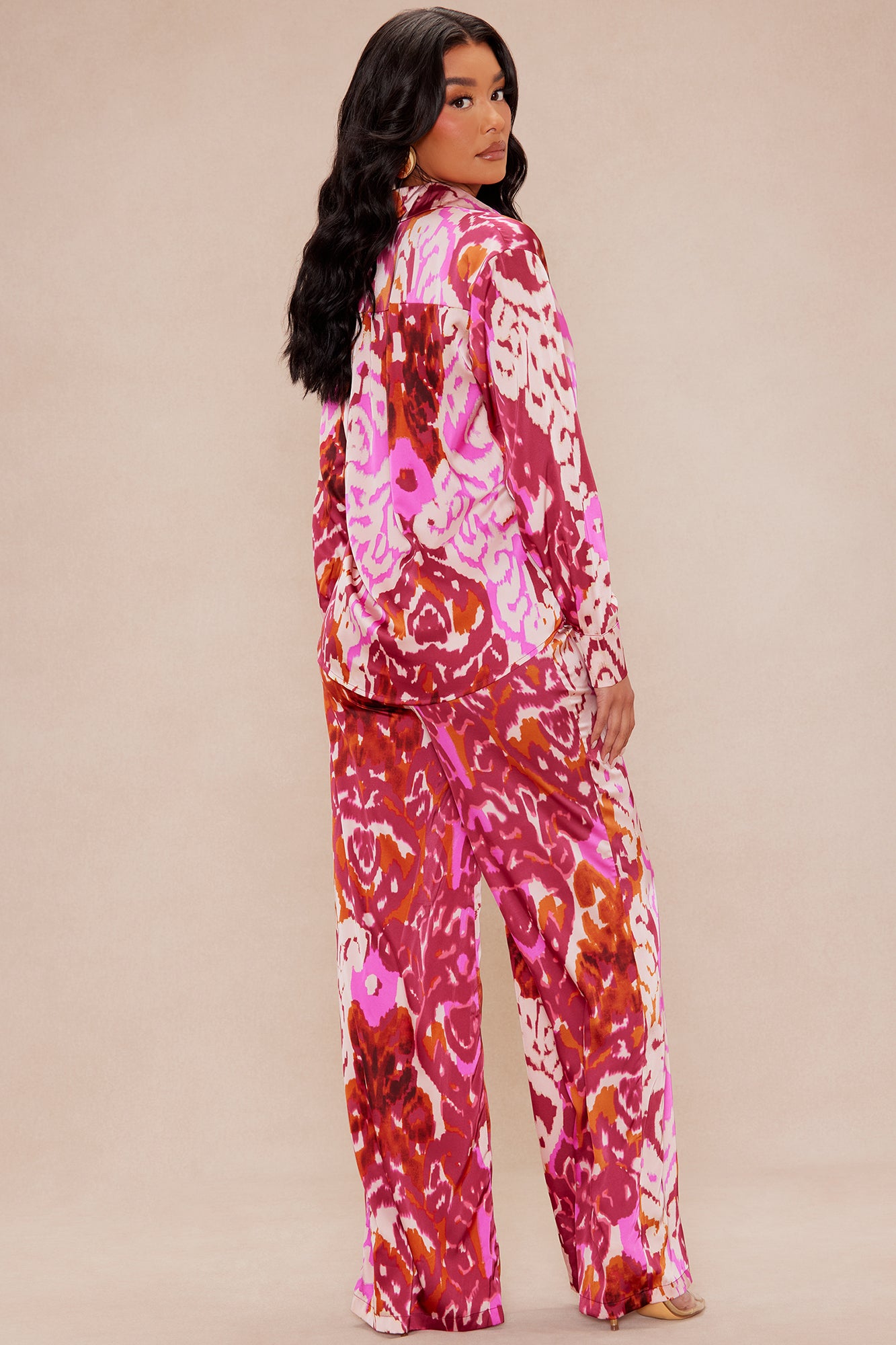 Kristine Satin Wide Leg Pant Set - Fuchsia/combo - Image 4