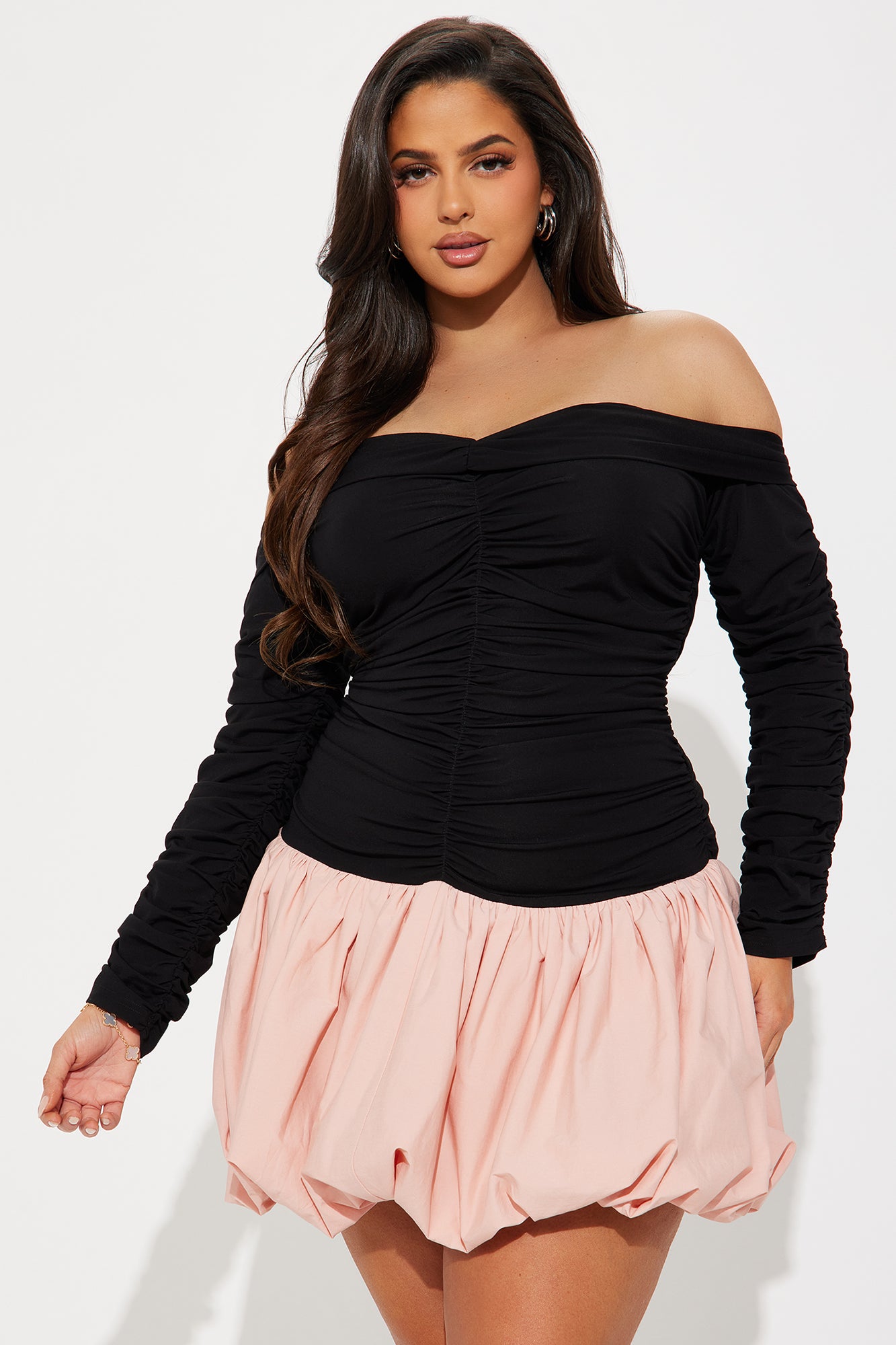 Adrianne Ruched Off Shoulder Bubble Mini Dress - Black/combo - Image 4