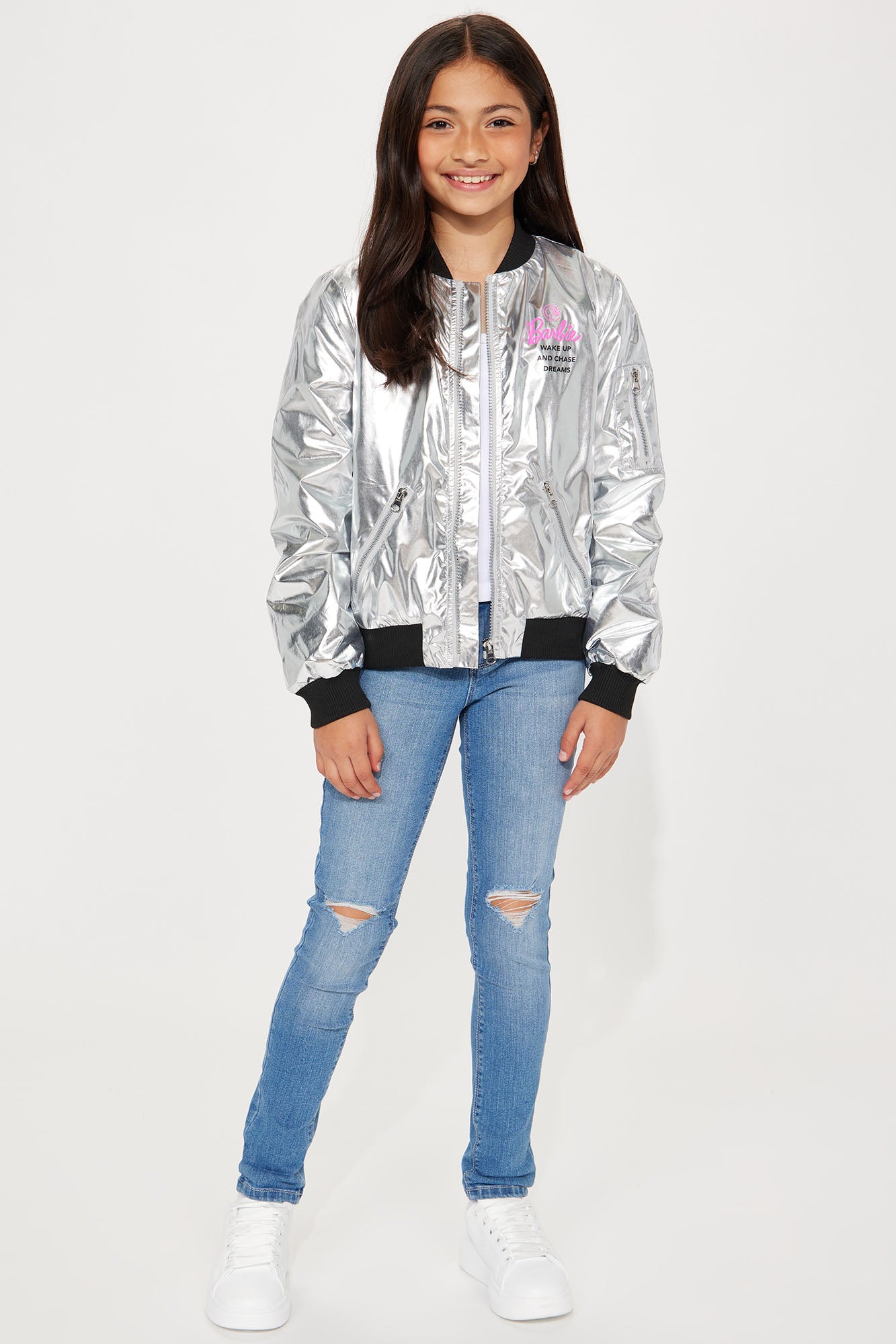 Mini Barbie Wake Up And Chase Dreams Bomber Jacket - Silver - Image 4