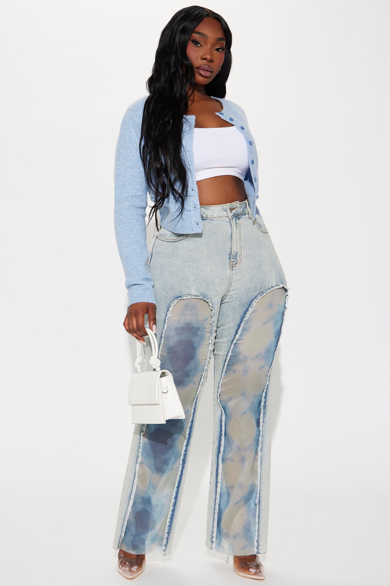 Evelynn Tie Dye Stretch Wide Leg Jeans - Light Wash - Image 5