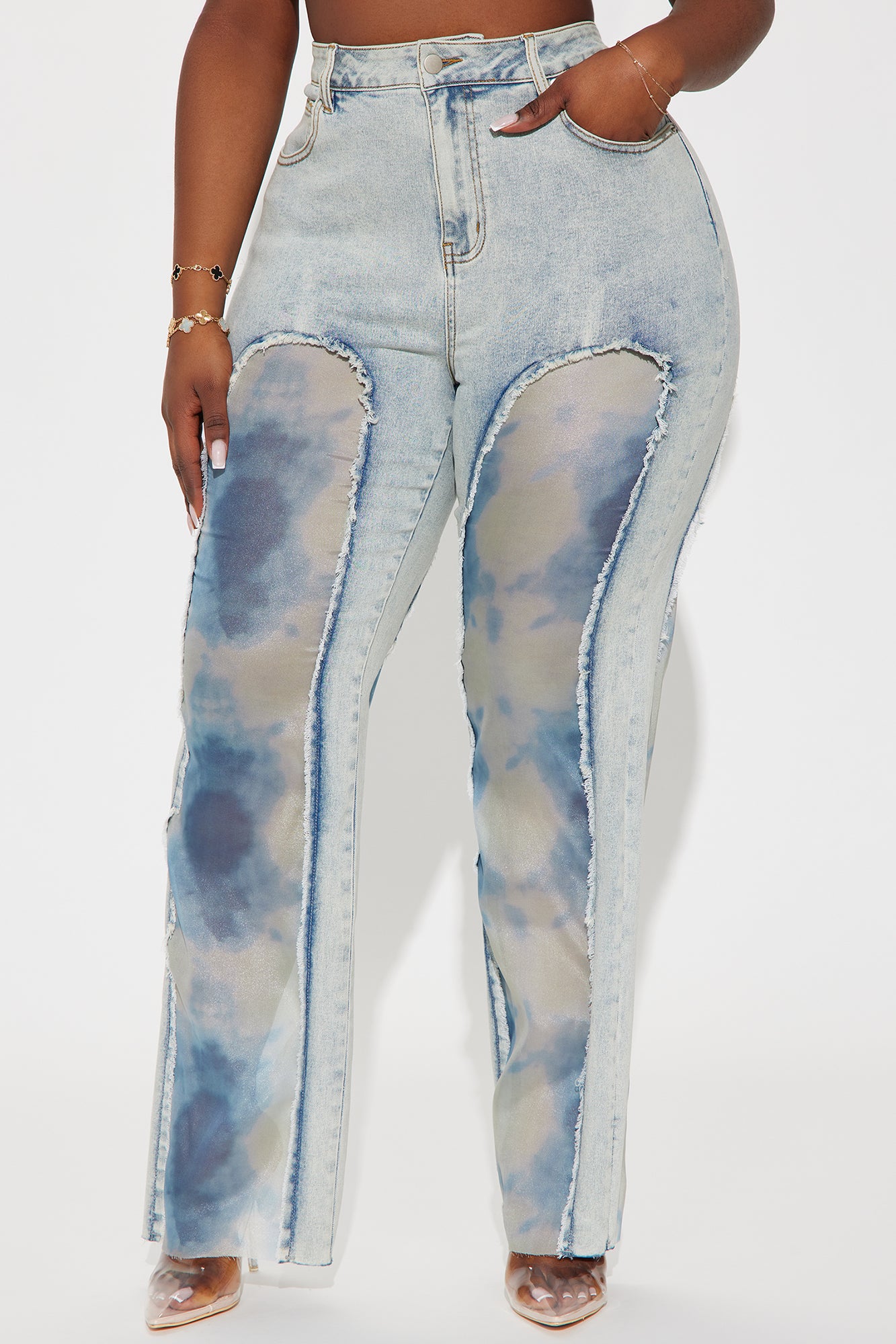 Evelynn Tie Dye Stretch Wide Leg Jeans - Light Wash - Image 6