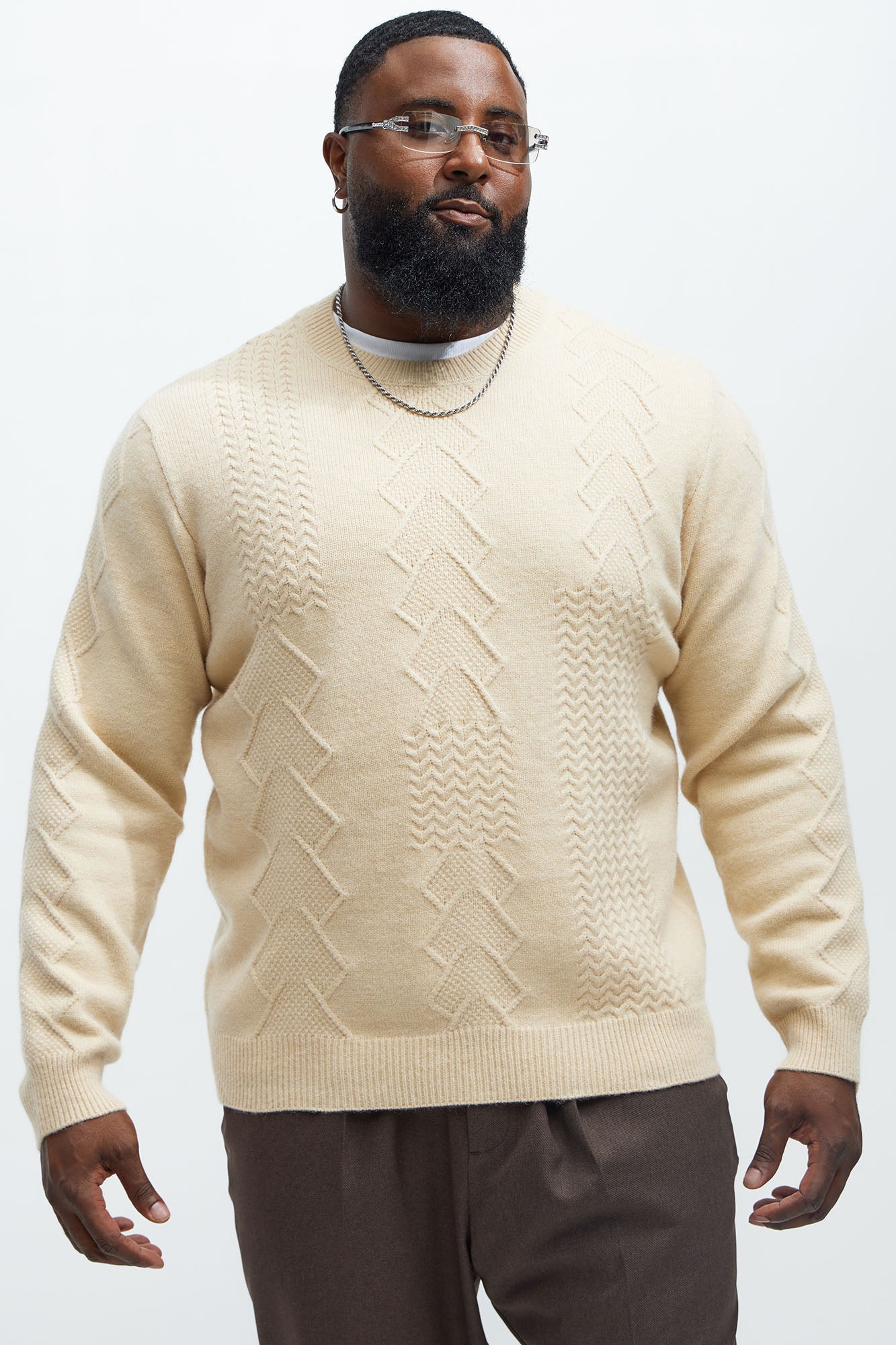 Argus Mixed Cable Knit Crewneck Sweater - Beige - Image 5