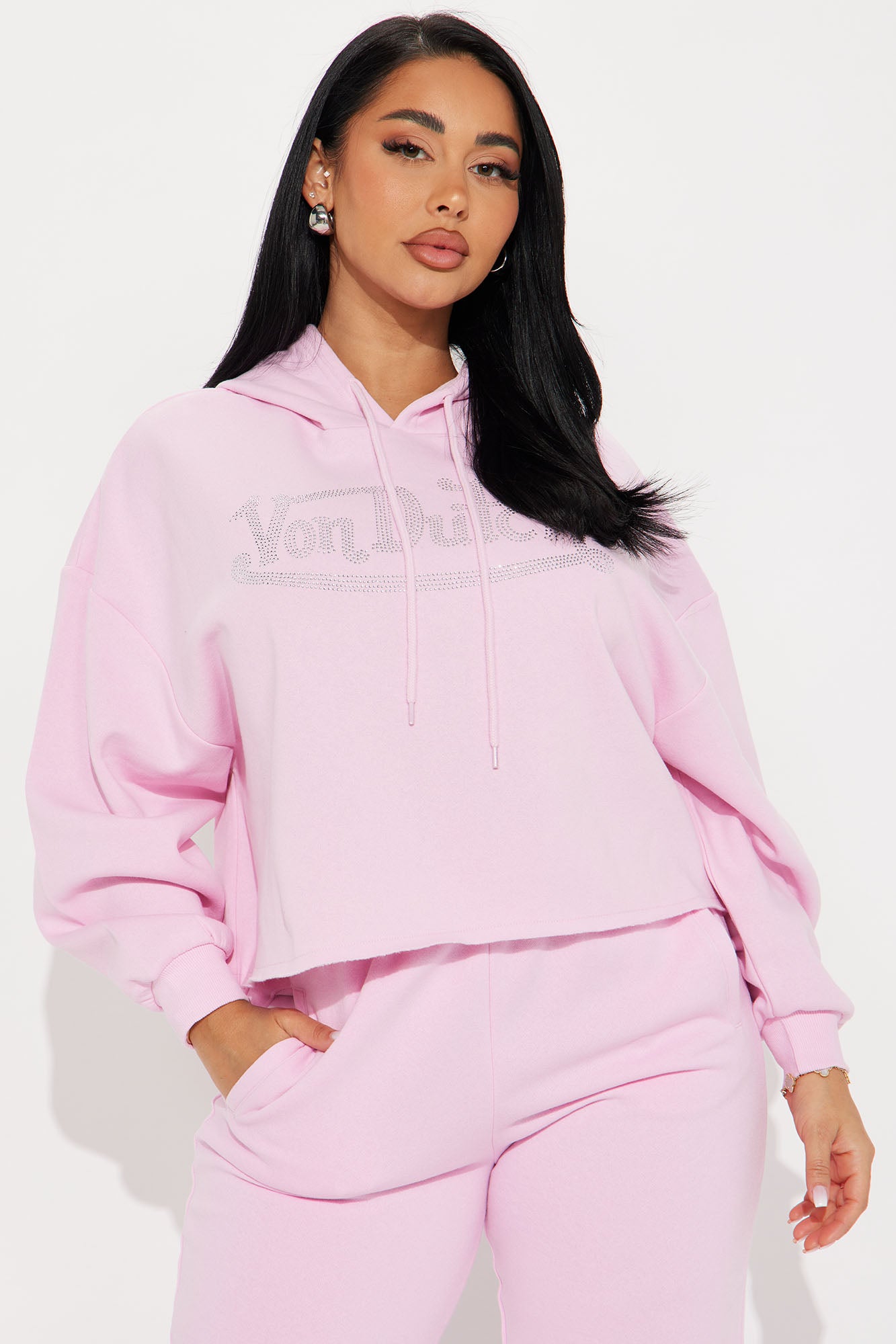 Von Dutch Rhinestone Cropped Hoodie - Pink - Image 3