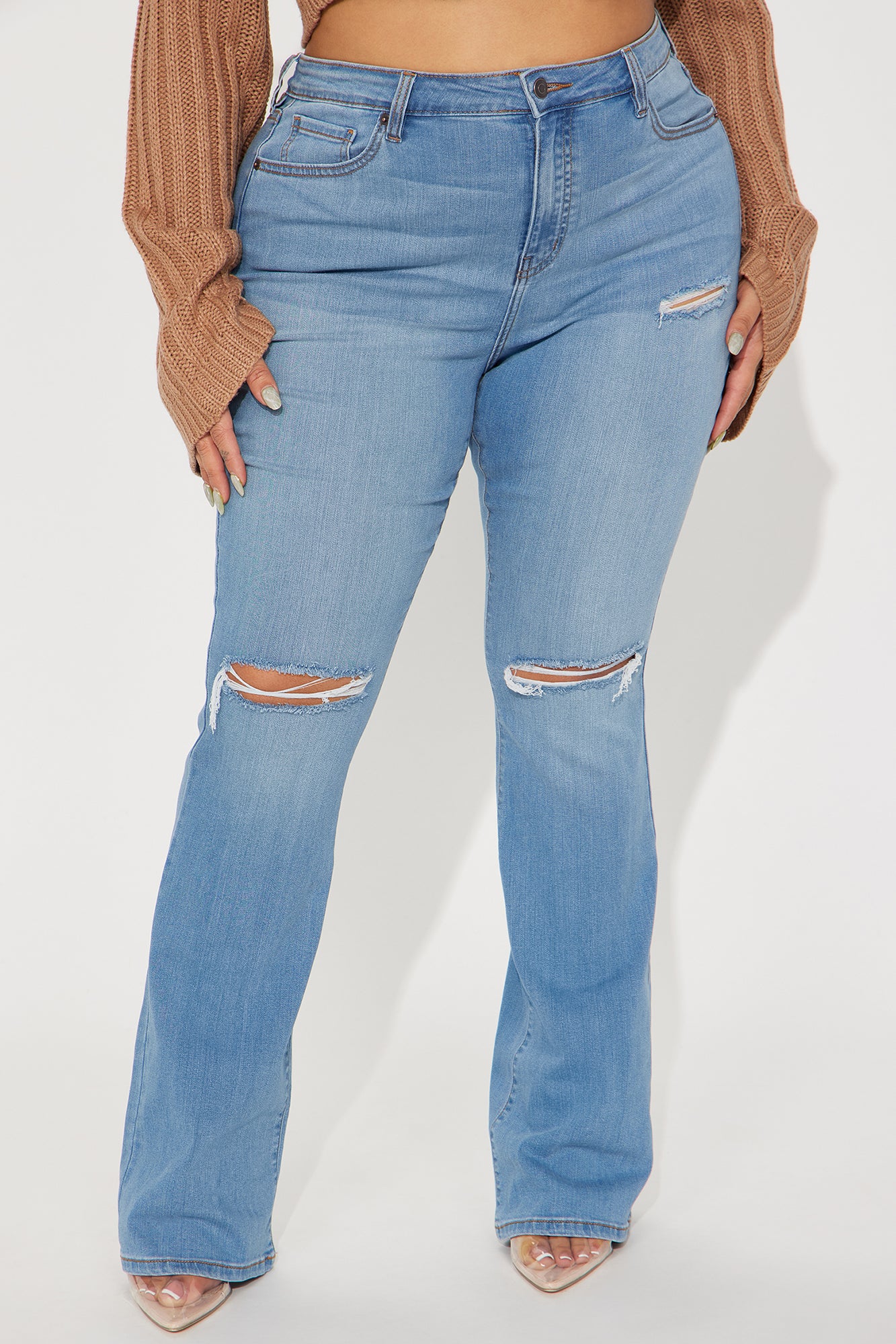 Luxurious Distressed Super Stretch Flare Jeans - Medium Blue Wash - Image 5