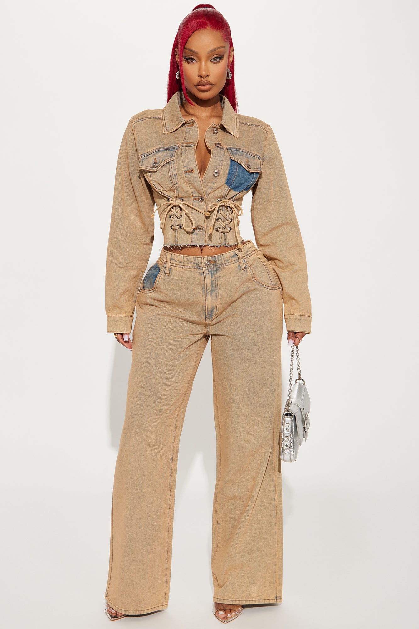 Big Attraction Tinted Lace Up Denim Jacket - Mocha - Image 3