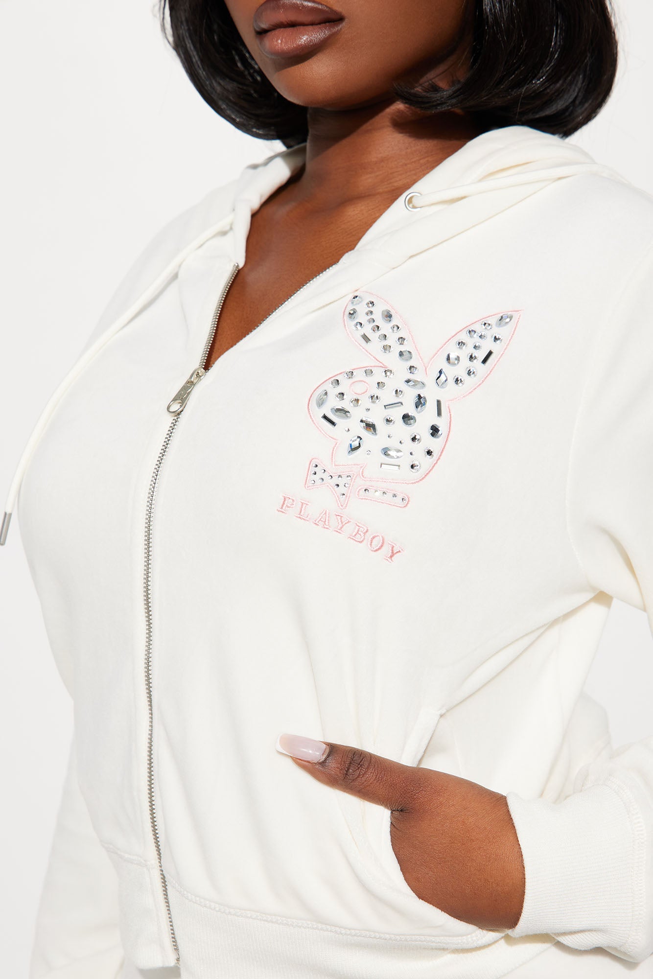 Playboy Rhinestone Velour Zip Front Hoodie - Cream - Image 8