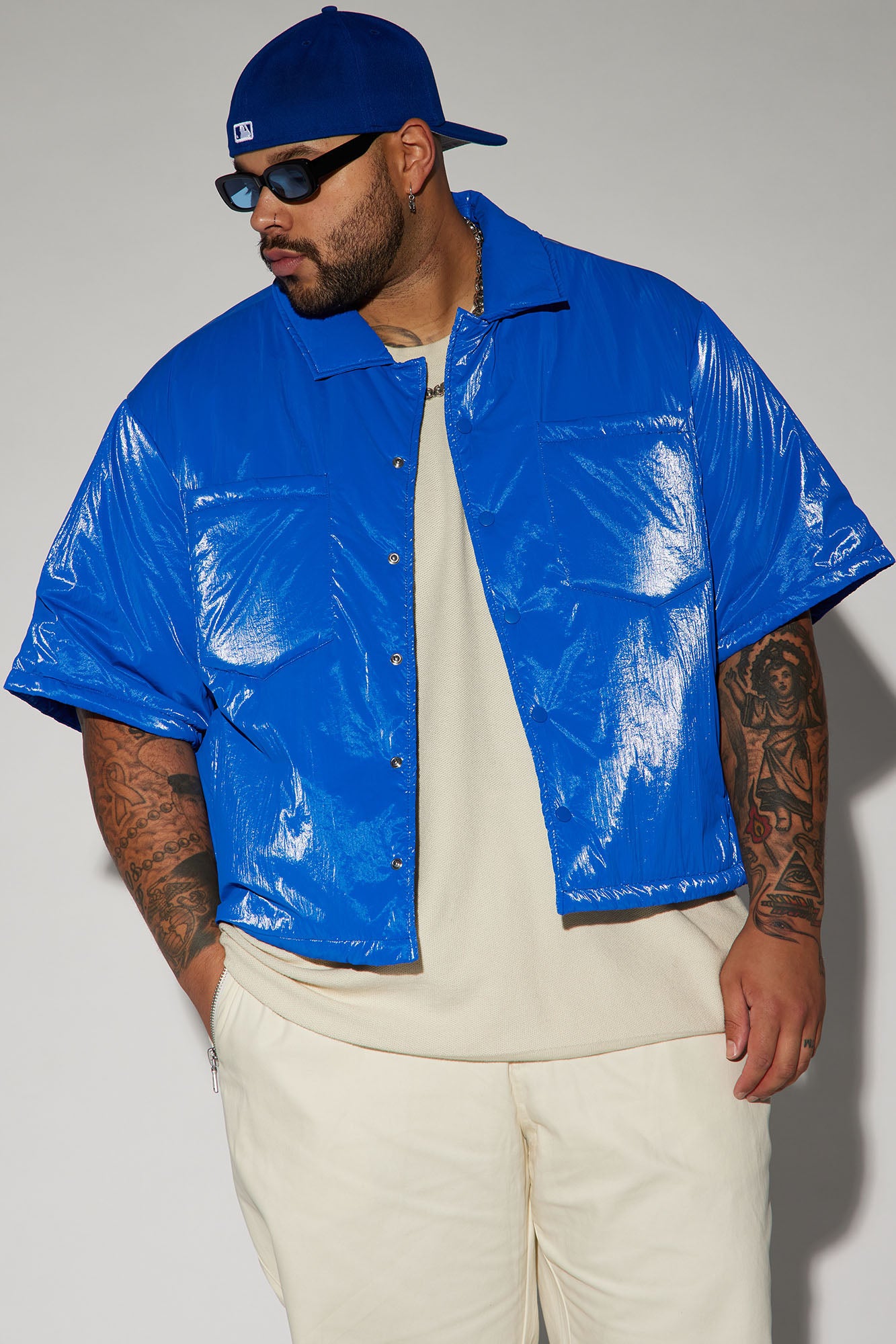 Aston Shine Nylon Puffer Cropped Shacket - Blue - Image 4