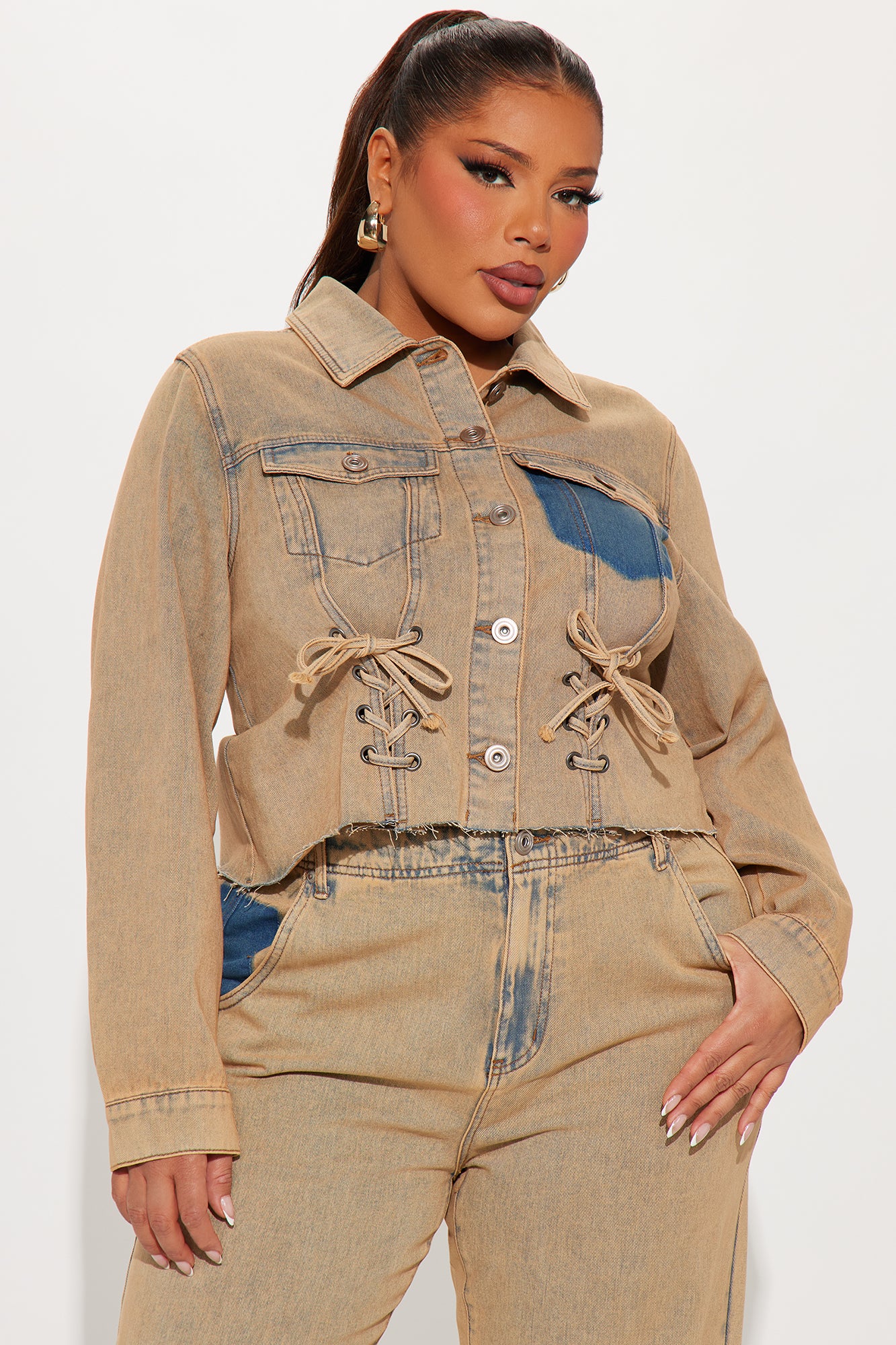 Big Attraction Tinted Lace Up Denim Jacket - Mocha - Image 6